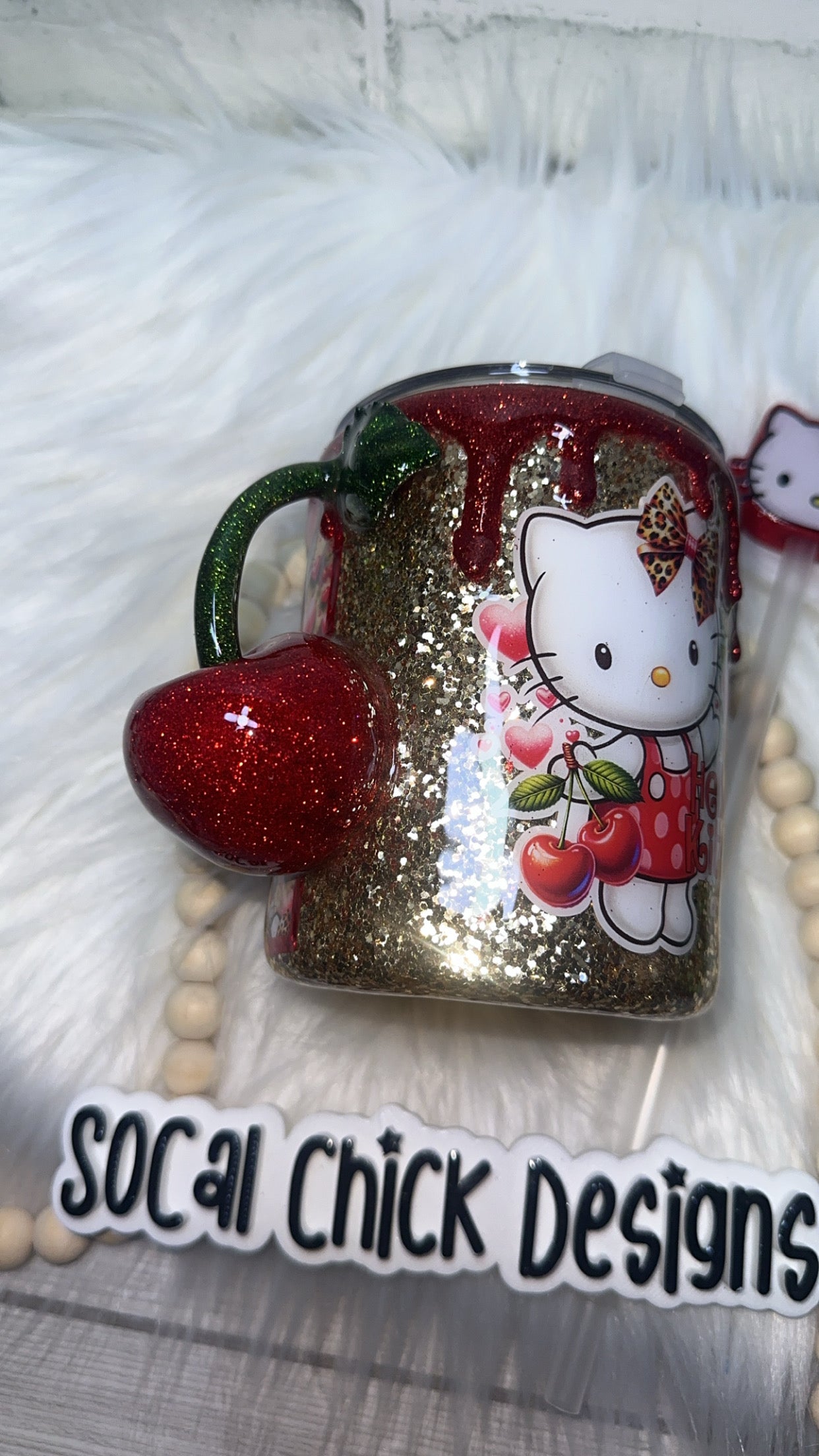 RTS {HK Kitty Cherry w Cherry Handle & Glitter Drip} 10oz Mug
