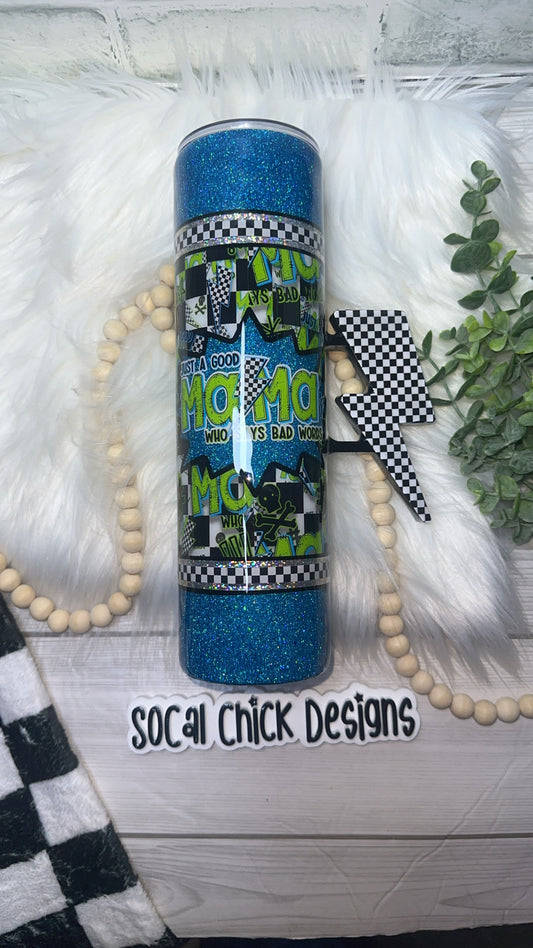 RTS {Just A Good Mama Who Says Bad Words- Blue with Checkered Bolt Handle} 32oz Skinny