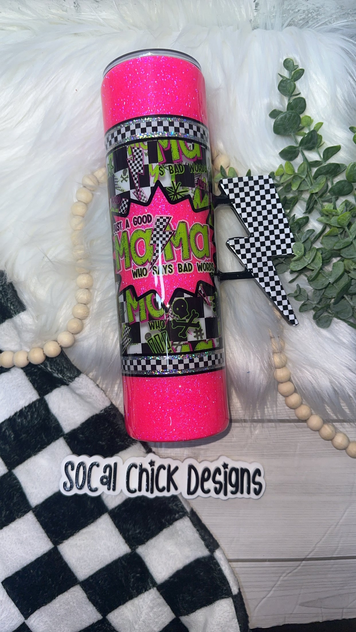 RTS {Just A Good Mama Who Says Bad Words -Hot Pink with Checkered Bolt Handle} 32oz Skinny