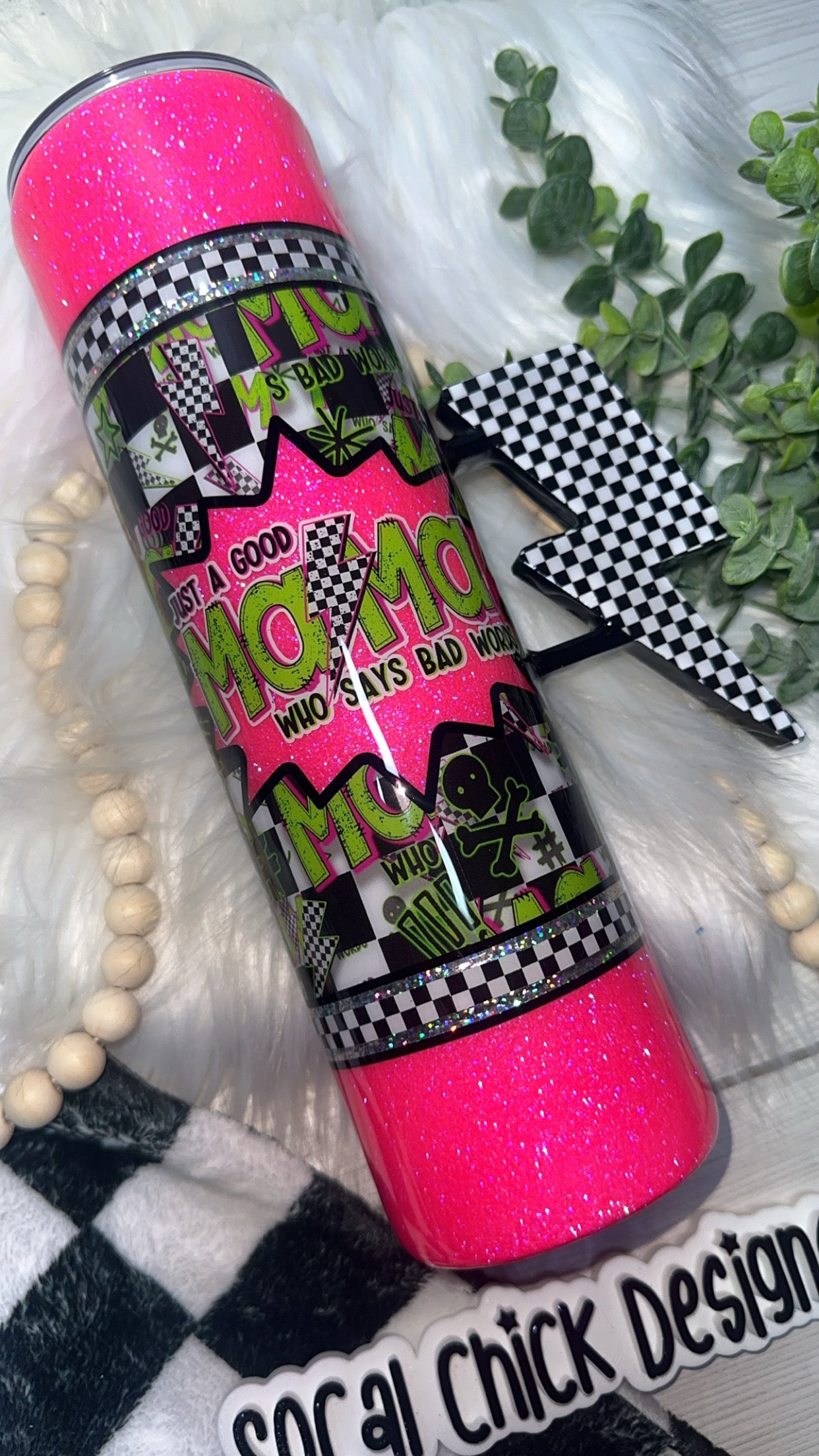 RTS {Just A Good Mama Who Says Bad Words -Hot Pink with Checkered Bolt Handle} 32oz Skinny