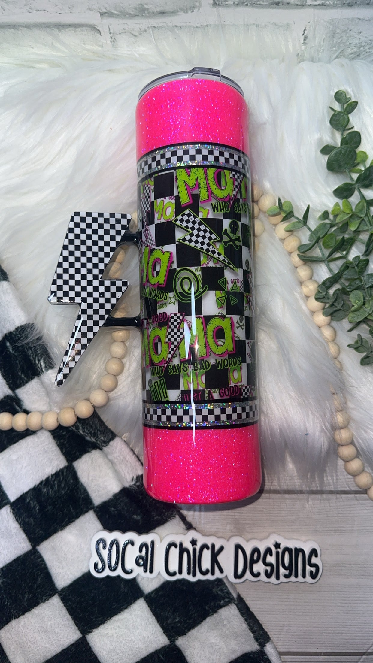 RTS {Just A Good Mama Who Says Bad Words -Hot Pink with Checkered Bolt Handle} 32oz Skinny