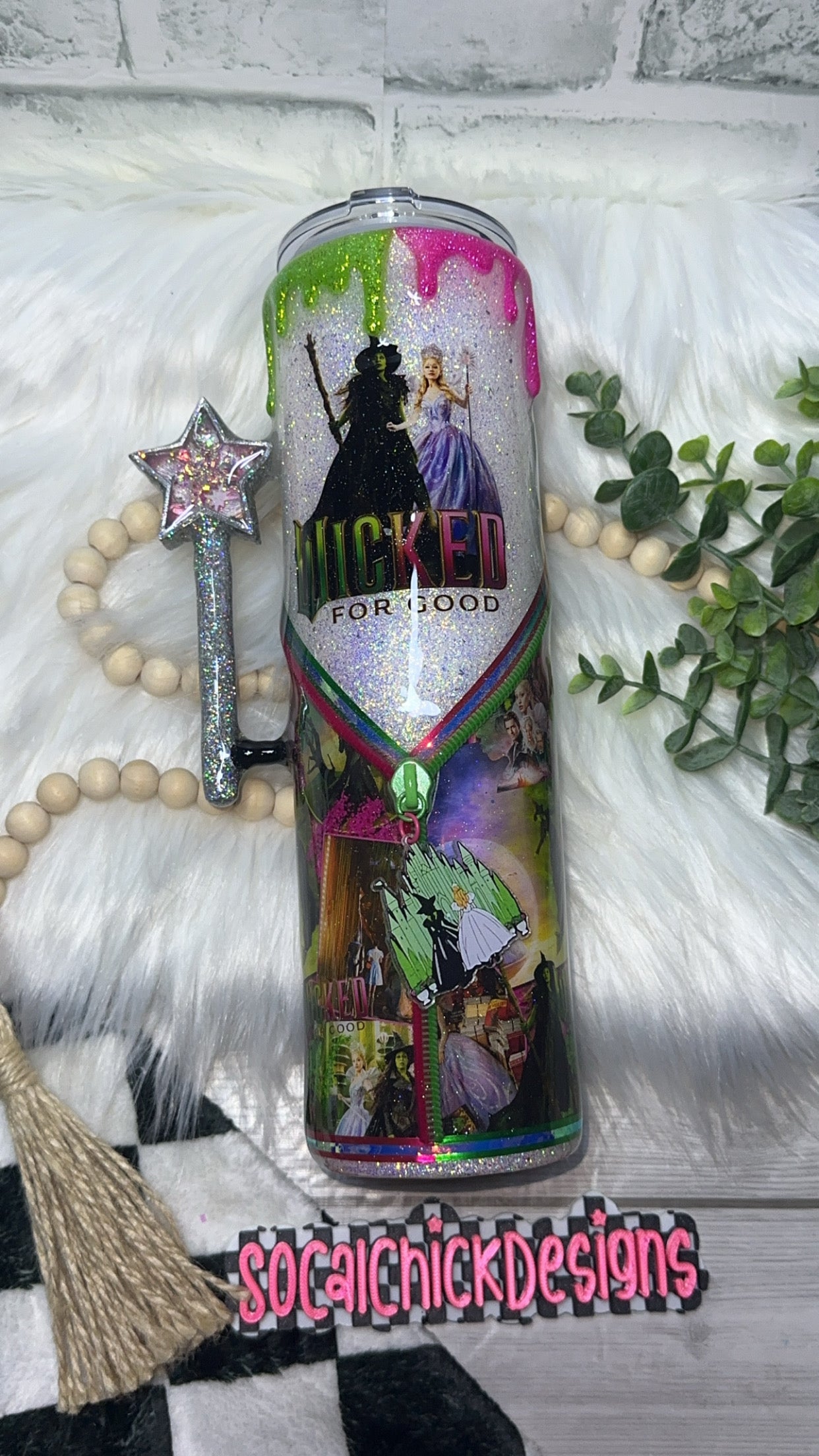 RTS {Wicked For Good with Snow Globe Wand Handle, Snow Globe Bottom & Glitter Drip} 32oz Skinny