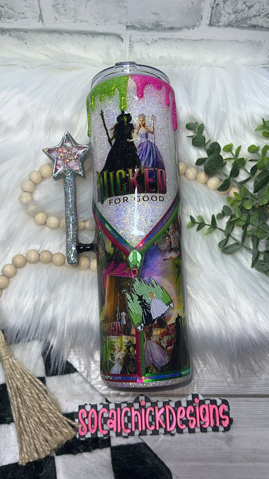 RTS {Wicked For Good with Snow Globe Wand Handle, Snow Globe Bottom & Glitter Drip} 32oz Skinny