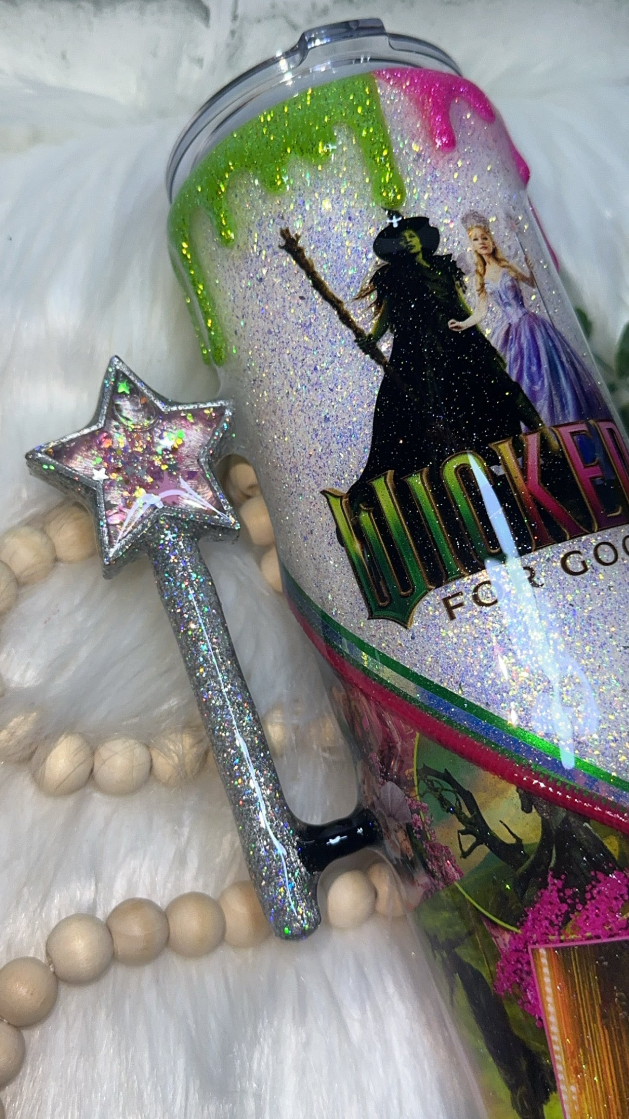 RTS {Wicked For Good with Snow Globe Wand Handle, Snow Globe Bottom & Glitter Drip} 32oz Skinny