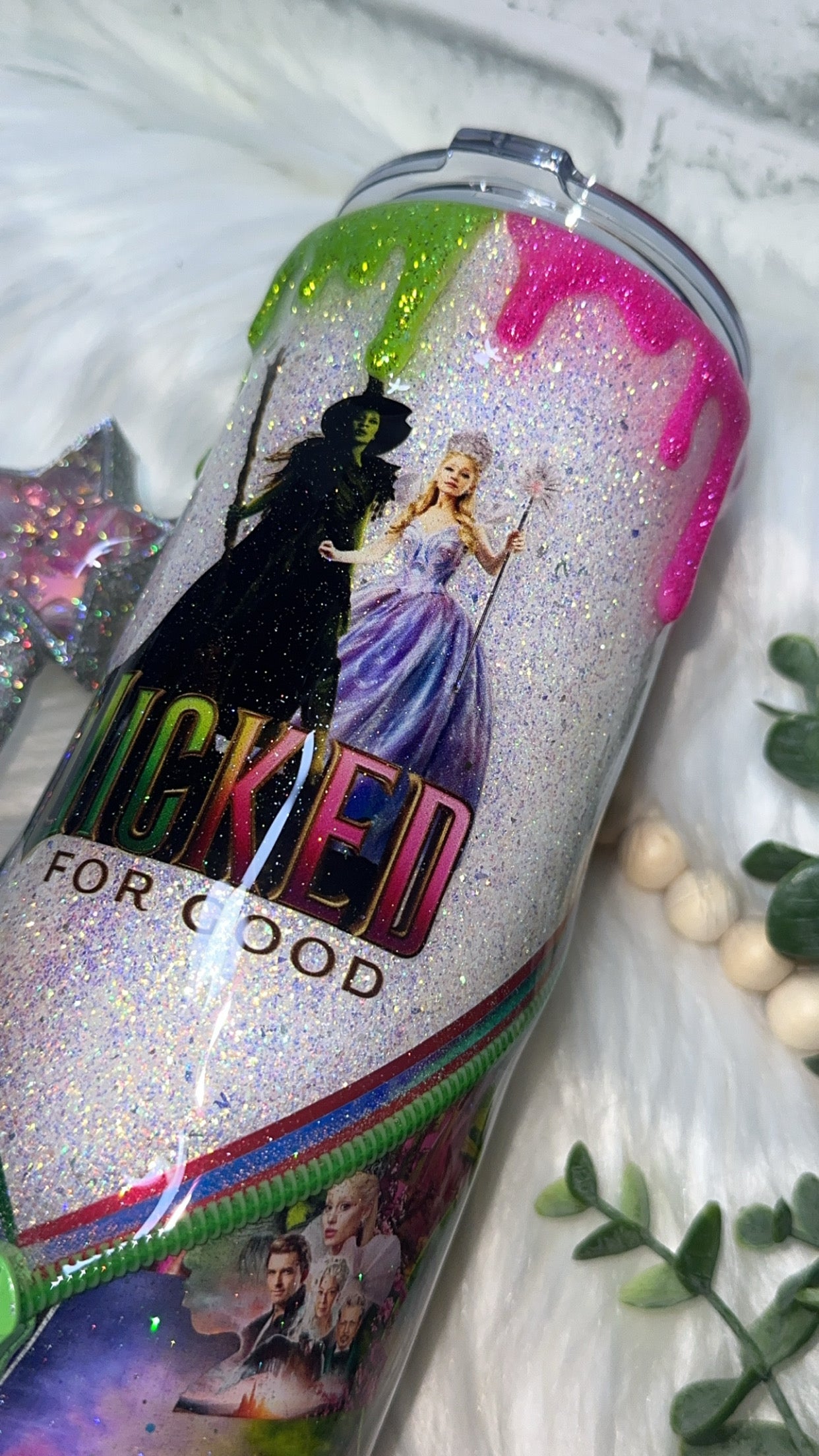 RTS {Wicked For Good with Snow Globe Wand Handle, Snow Globe Bottom & Glitter Drip} 32oz Skinny
