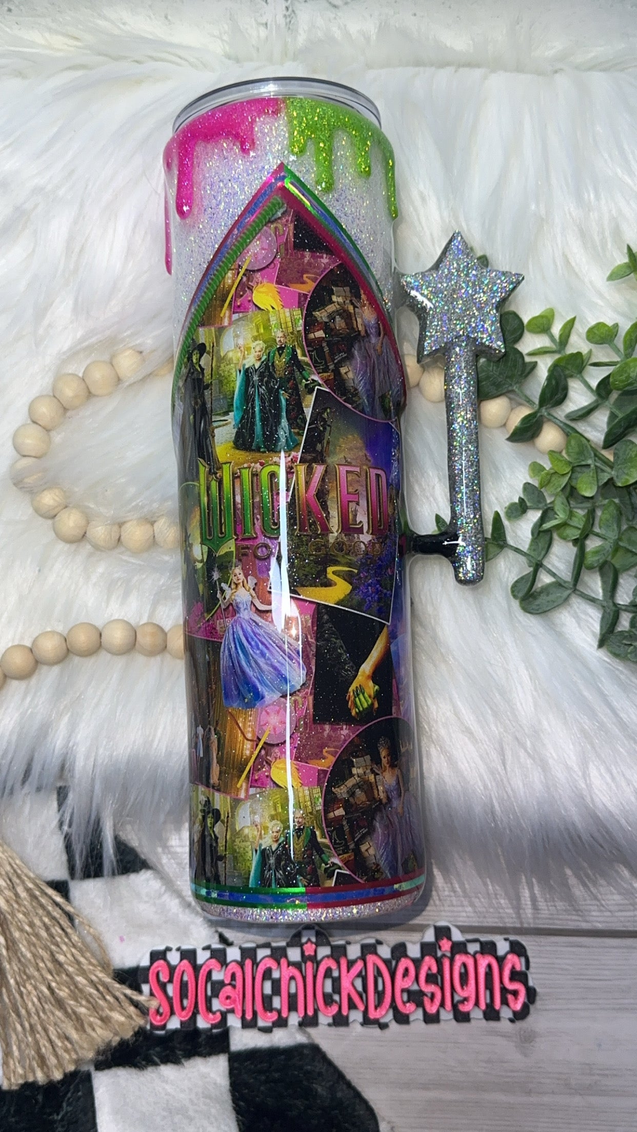 RTS {Wicked For Good with Snow Globe Wand Handle, Snow Globe Bottom & Glitter Drip} 32oz Skinny