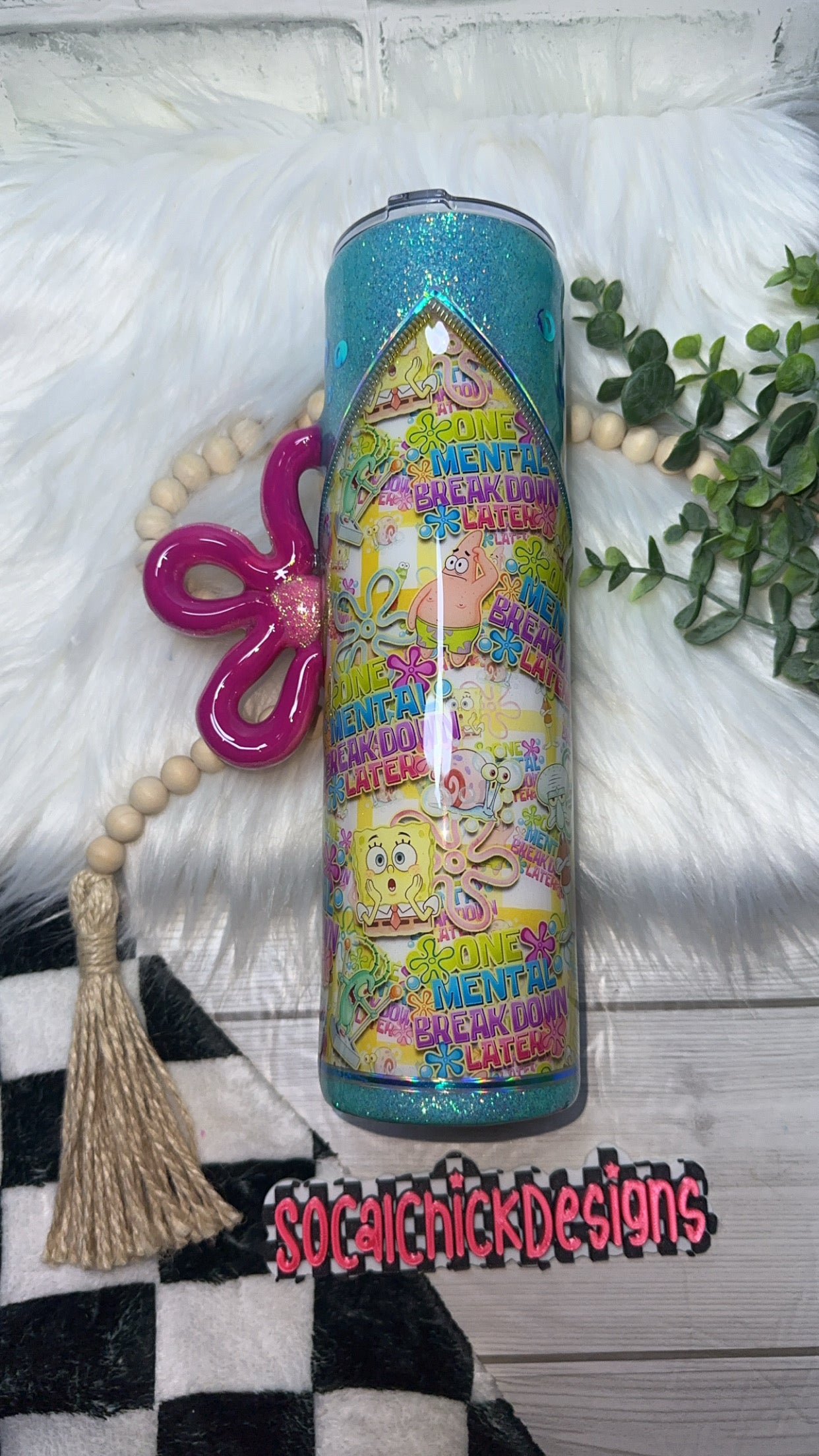 MTO {One Mental Breakdown Later Zipper Tumbler with Charm, Sponge Flower Handle & Snow Globe Bottom} Select Your Tumbler Style