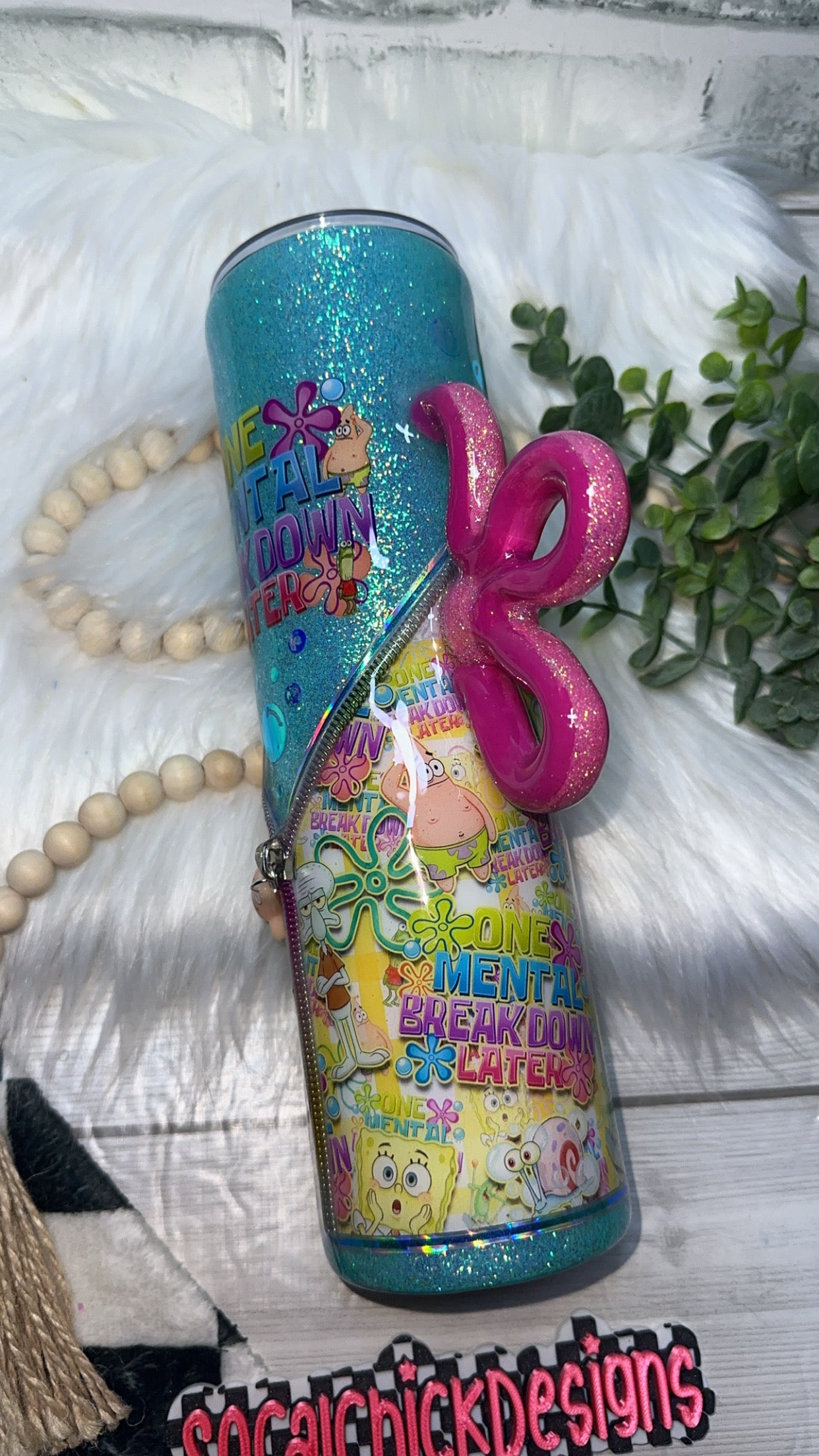 MTO {One Mental Breakdown Later Zipper Tumbler with Charm, Sponge Flower Handle & Snow Globe Bottom} Select Your Tumbler Style