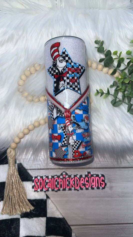 RTS {Oh The Places You'll Go Zipper Tumbler with Charm & Snow Globe Bottom} 24oz Skinny