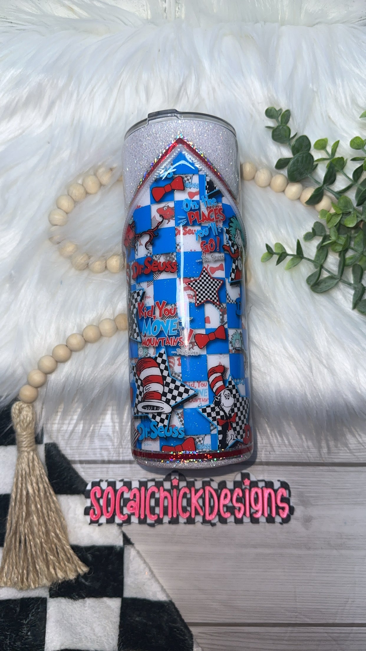 RTS {Oh The Places You'll Go Zipper Tumbler with Charm & Snow Globe Bottom} 24oz Skinny