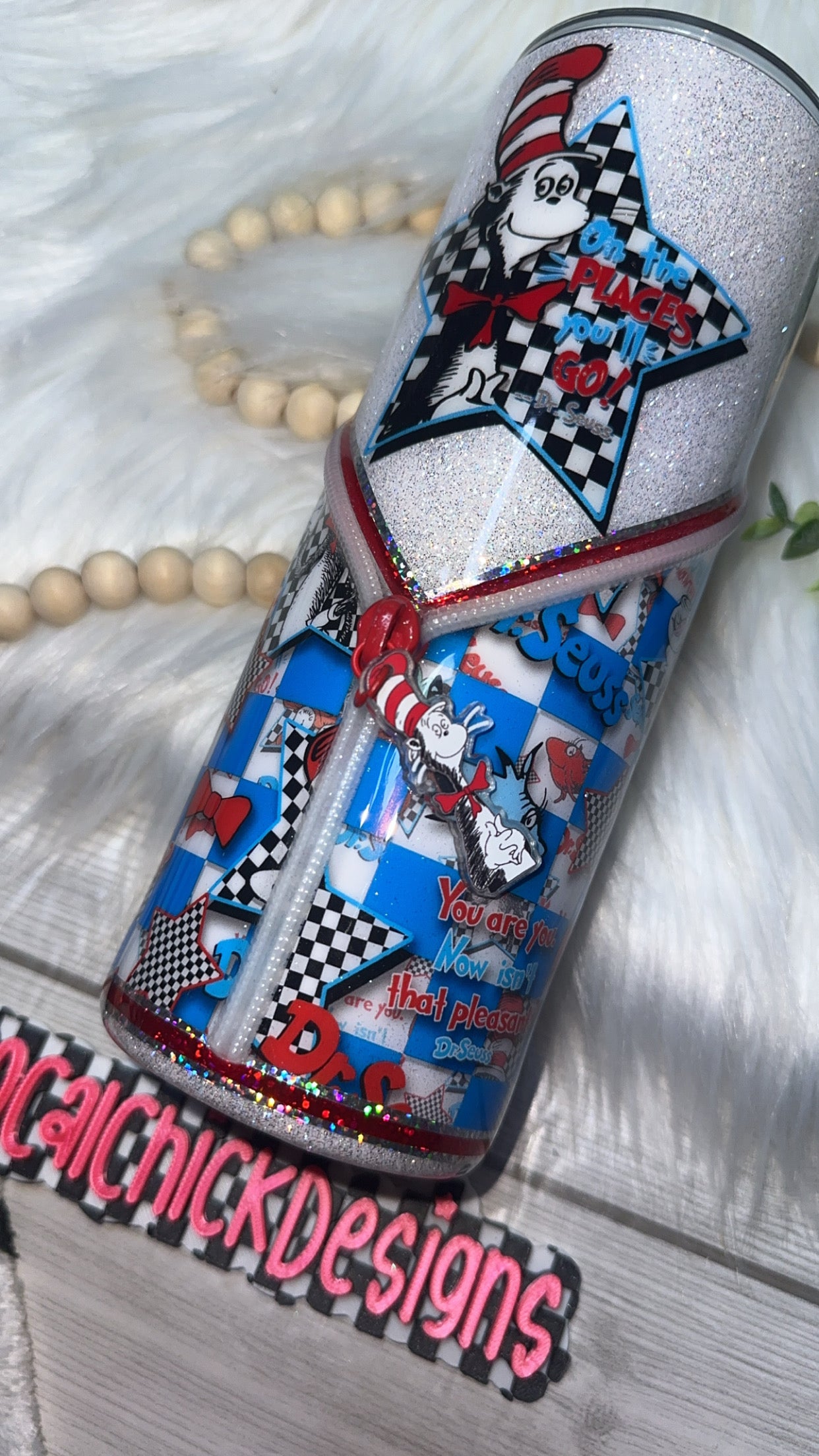 RTS {Oh The Places You'll Go Zipper Tumbler with Charm & Snow Globe Bottom} 24oz Skinny