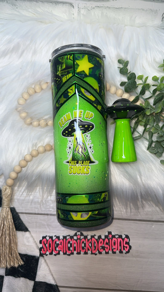 RTS {Aliens Beam Me Up with UFO Handle - GLOW} 30oz Skinny