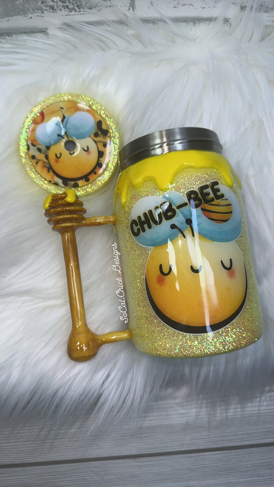 RTS {Chub-Bee w Honey Dipper Handle} 17oz Mason Jar