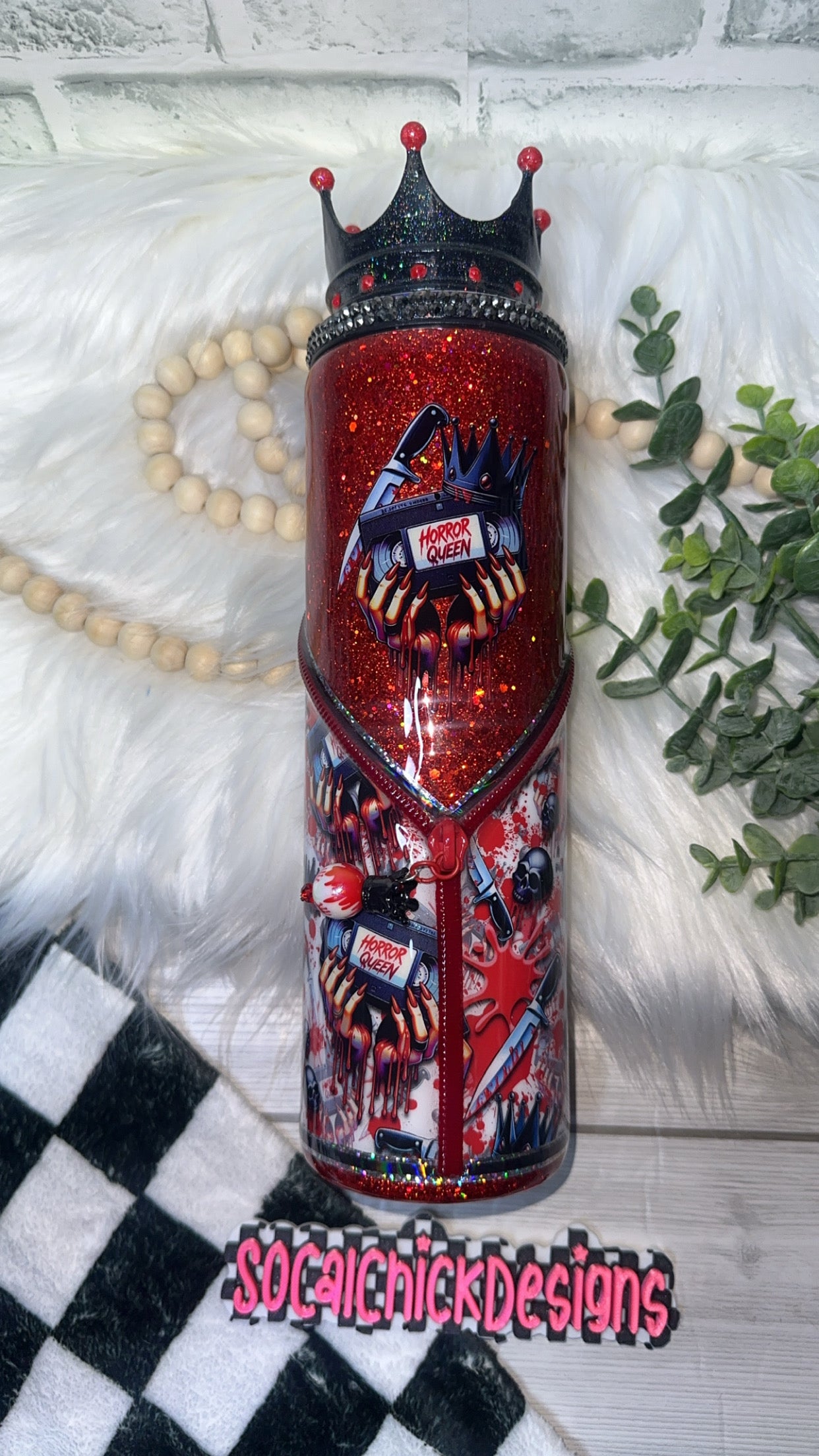 RTS {Horror Queen Zipper, Charm & Bling Lid & Crown Topper} 30oz Skinny Slurp