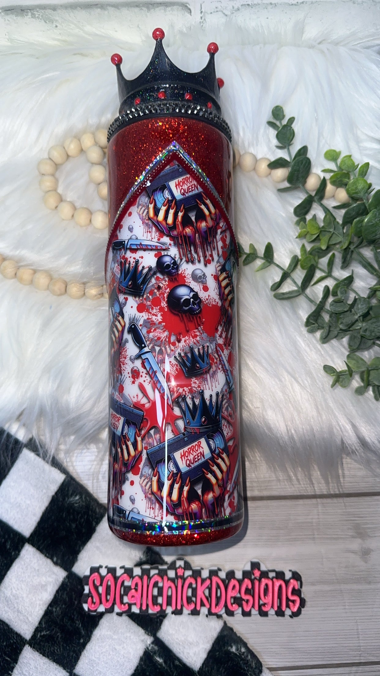 RTS {Horror Queen Zipper, Charm & Bling Lid & Crown Topper} 30oz Skinny Slurp