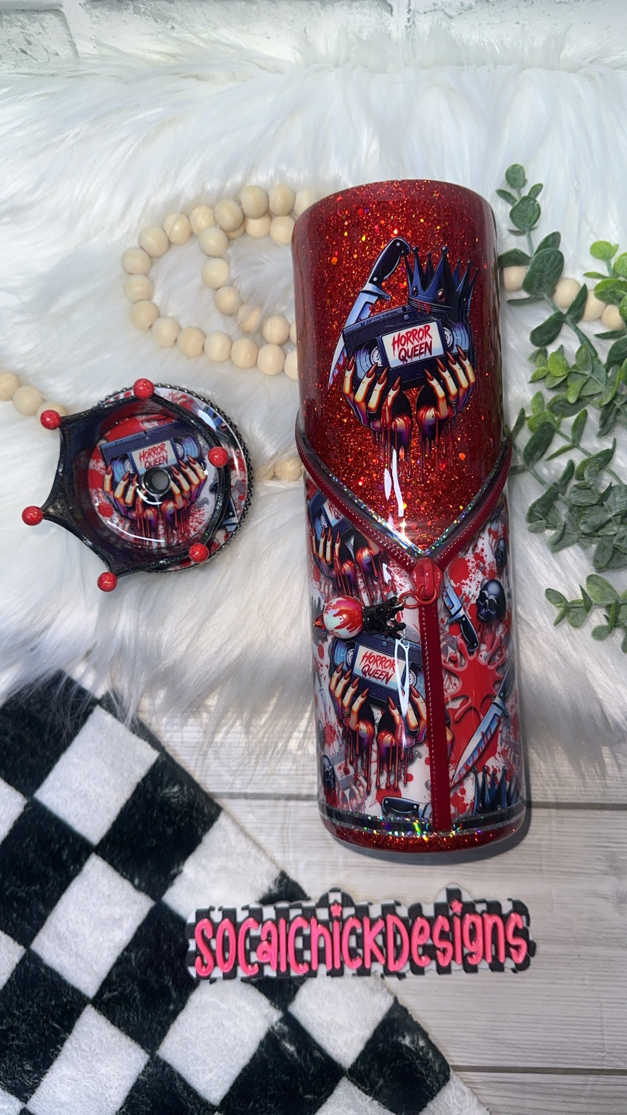 RTS {Horror Queen Zipper, Charm & Bling Lid & Crown Topper} 30oz Skinny Slurp