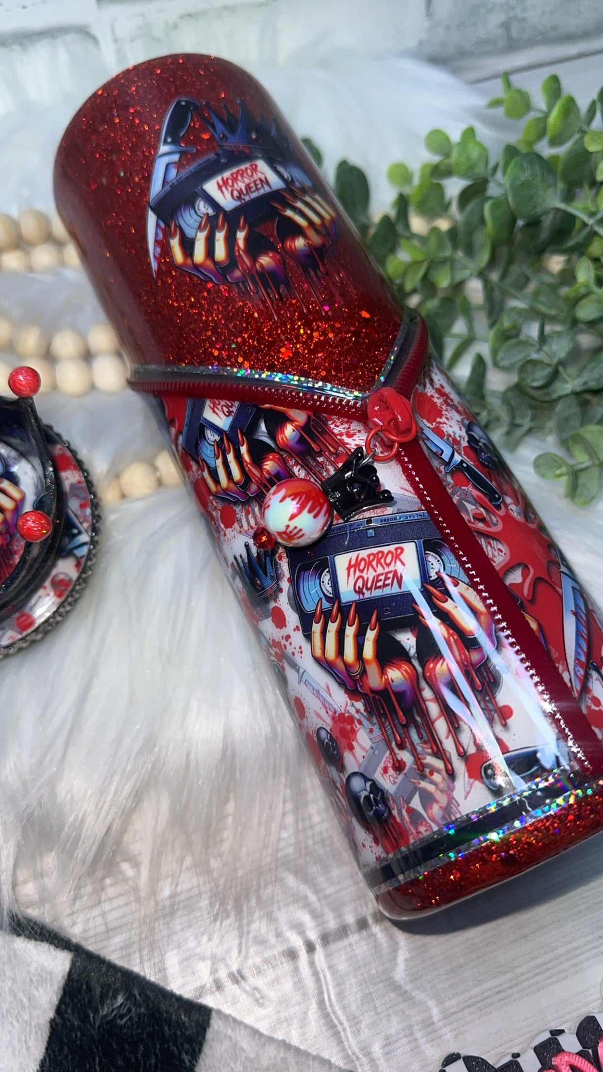 RTS {Horror Queen Zipper, Charm & Bling Lid & Crown Topper} 30oz Skinny Slurp
