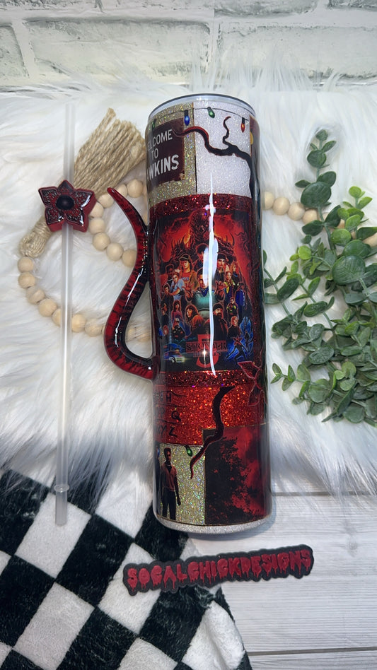 RTS {Welcome To Hawkins Patchwork with Vine Handle & Snow Globe Bottom} 32oz Skinny
