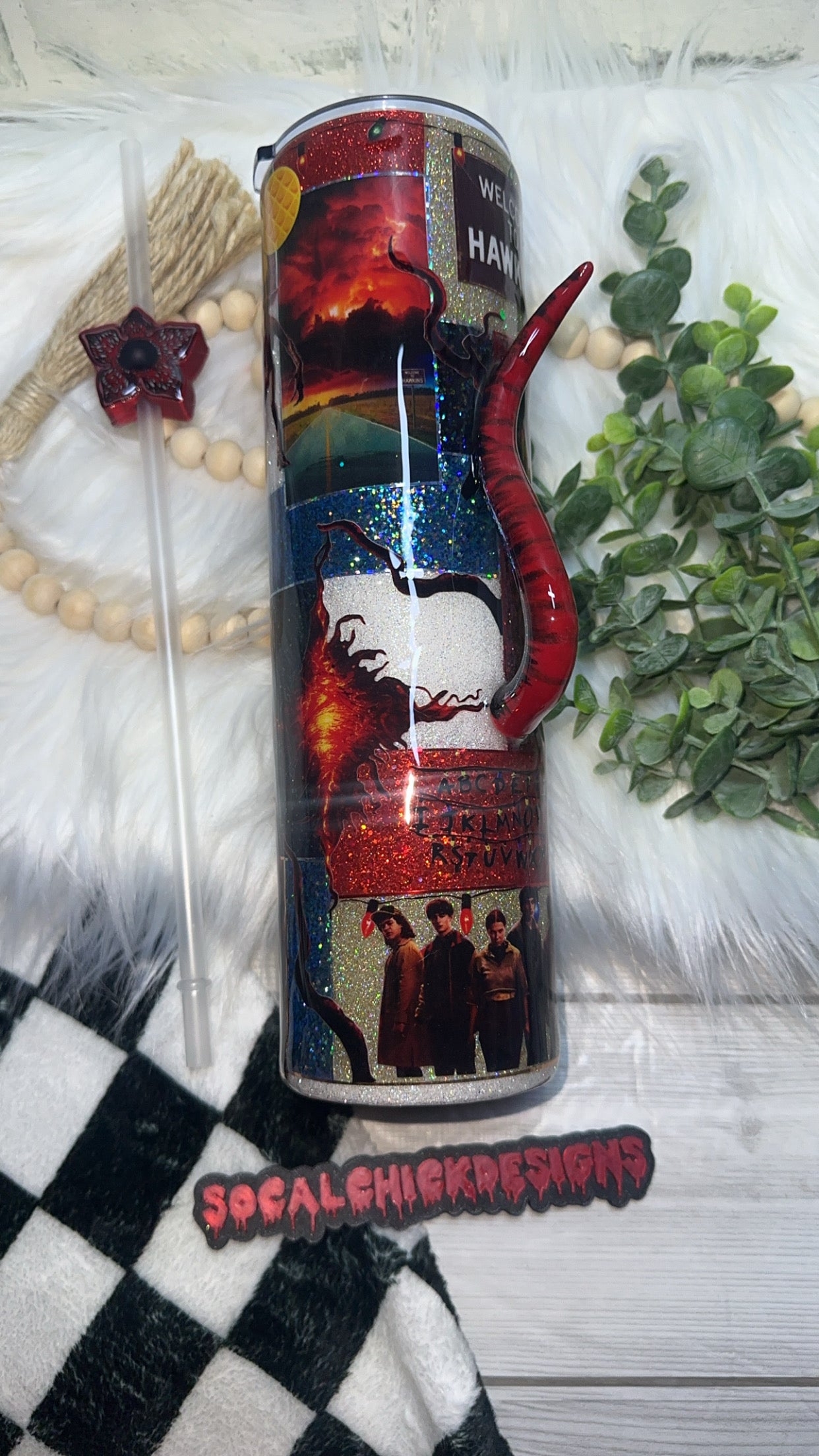 RTS {Welcome To Hawkins Patchwork with Vine Handle & Snow Globe Bottom} 32oz Skinny