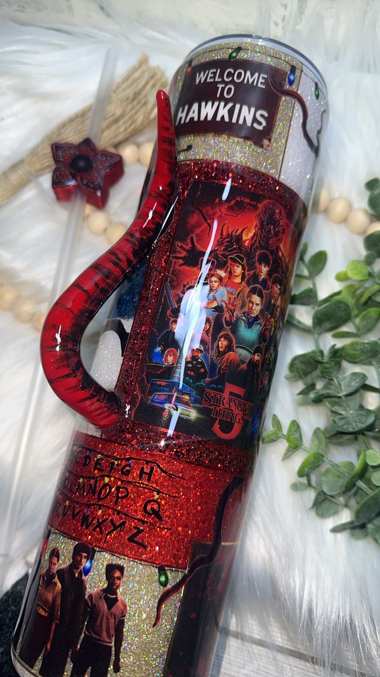 RTS {Welcome To Hawkins Patchwork with Vine Handle & Snow Globe Bottom} 32oz Skinny