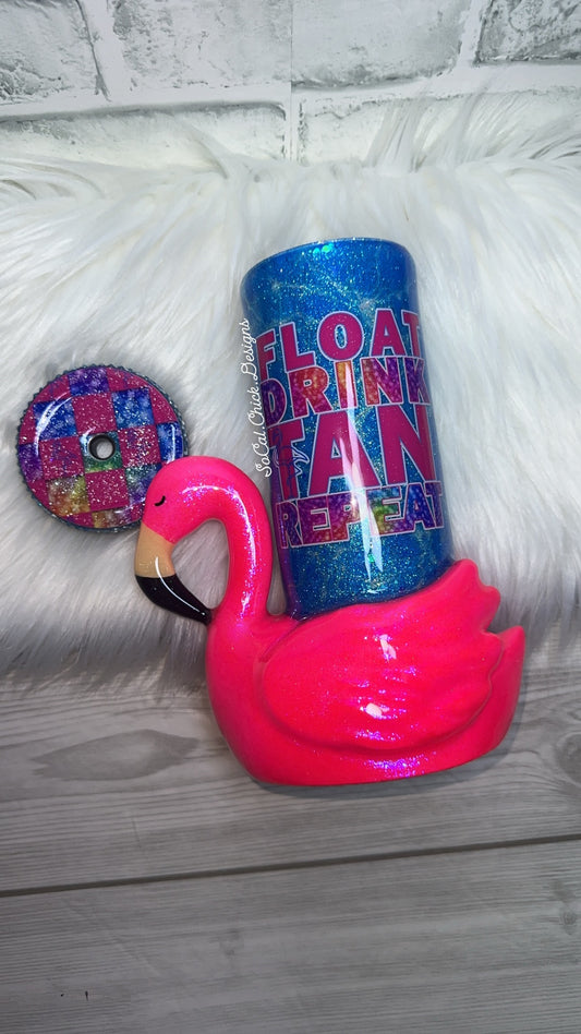 RTS {Float Drink Tan Repeat - 3D Flamingo w Bling Lid} 20oz Skinny Slurp