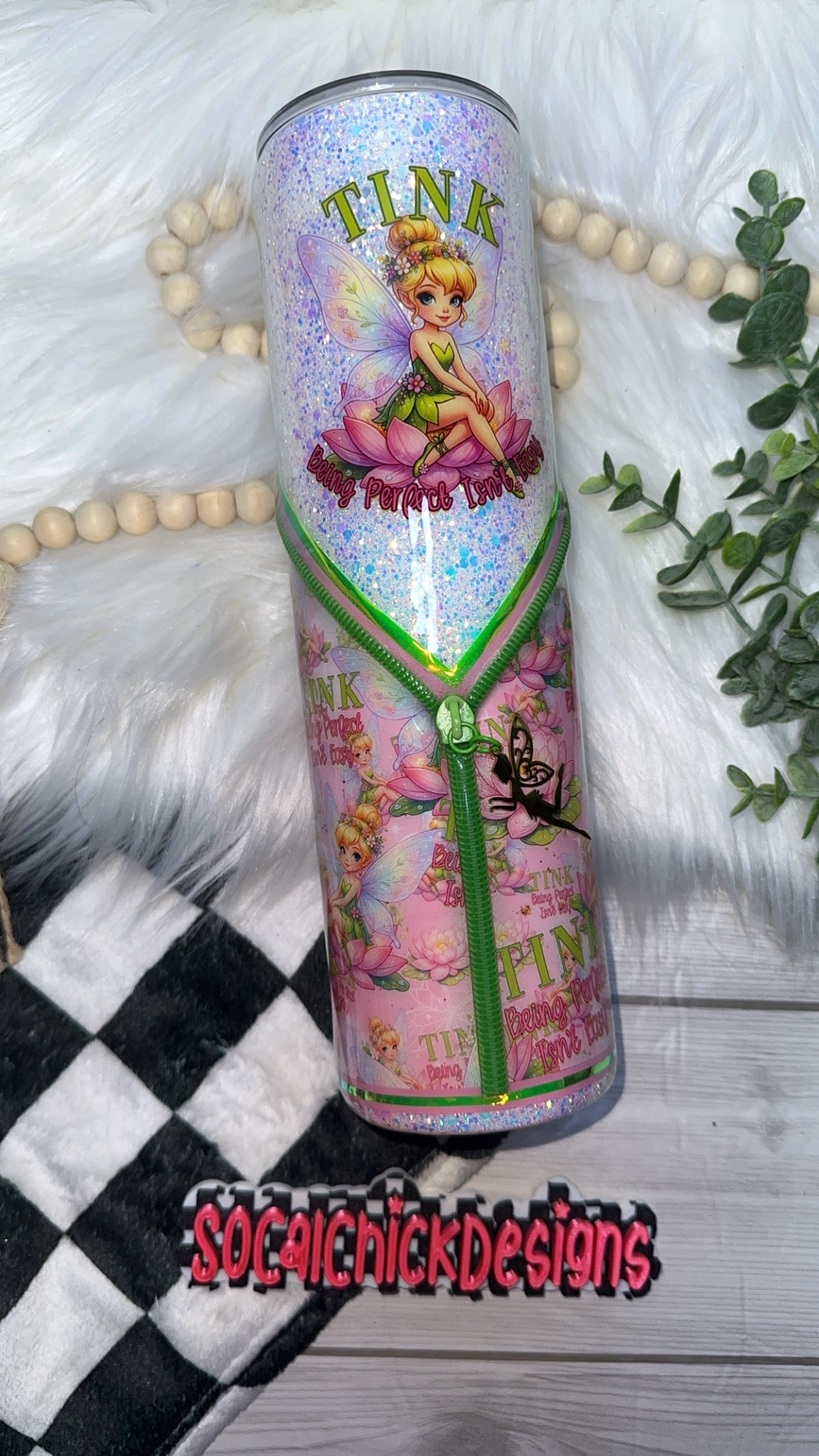 RTS {Tink Being Perfect Isn't Easy - with Zipper & Charm & Snow Globe Bottom} 32oz Skinny (Copy)