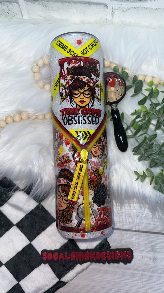 MTO {True Crime Obsessed Zipper Tumbler with Charm, Snow Globe Magnifying Glass Handle & Snow Globe Bottom} Select Your Tumbler Style