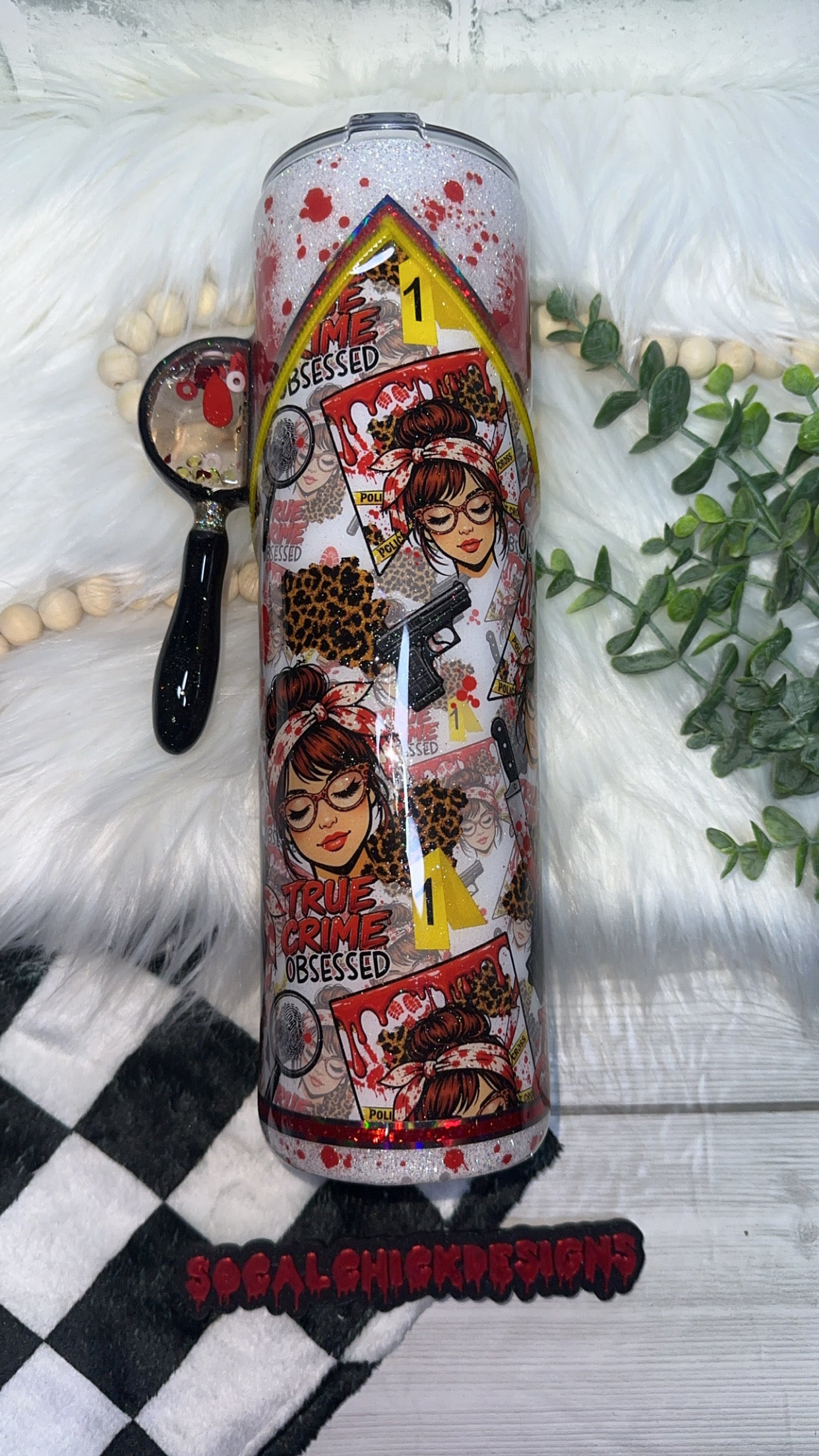 MTO {True Crime Obsessed Zipper Tumbler with Charm, Snow Globe Magnifying Glass Handle & Snow Globe Bottom} Select Your Tumbler Style