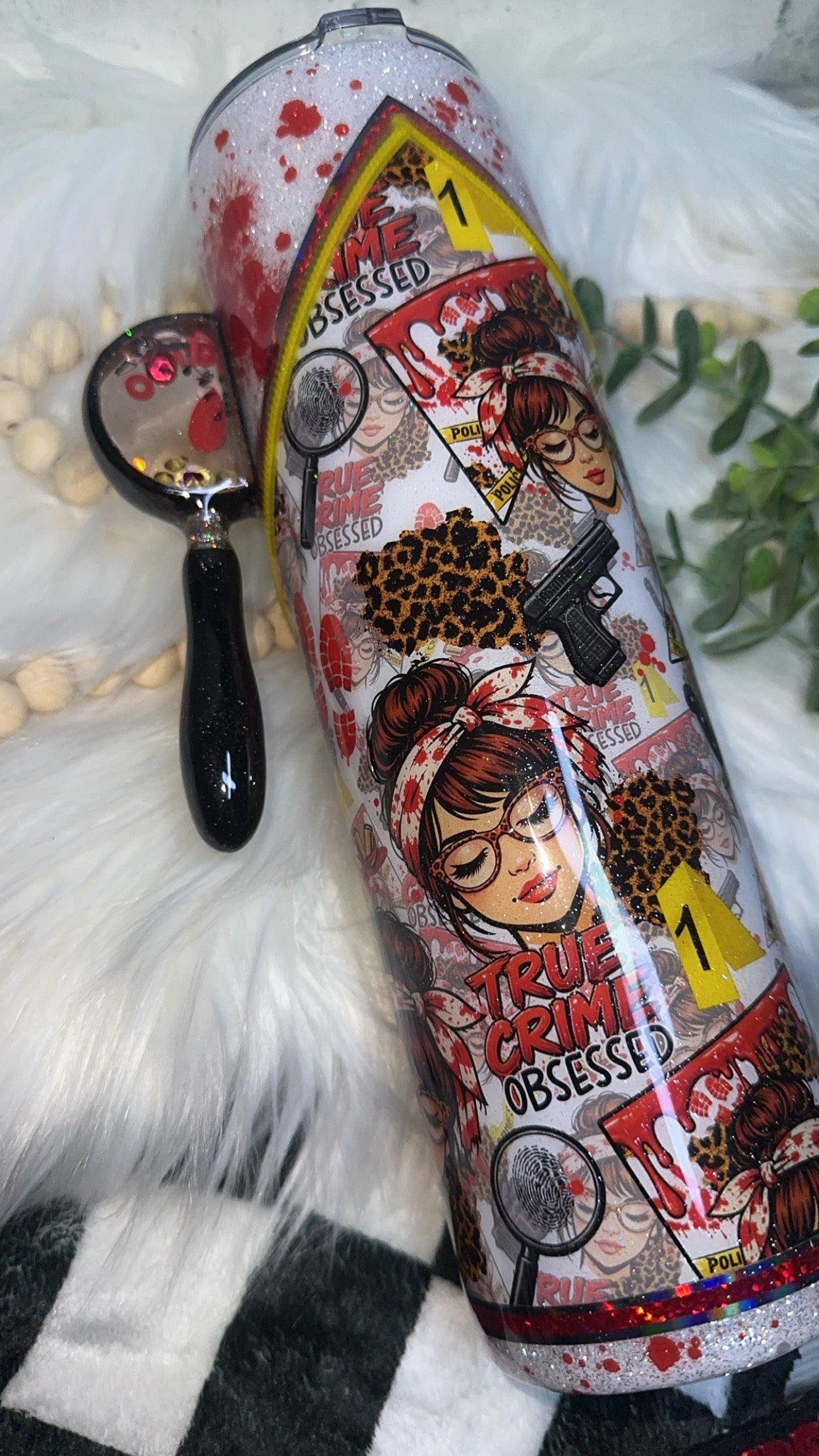 MTO {True Crime Obsessed Zipper Tumbler with Charm, Snow Globe Magnifying Glass Handle & Snow Globe Bottom} Select Your Tumbler Style