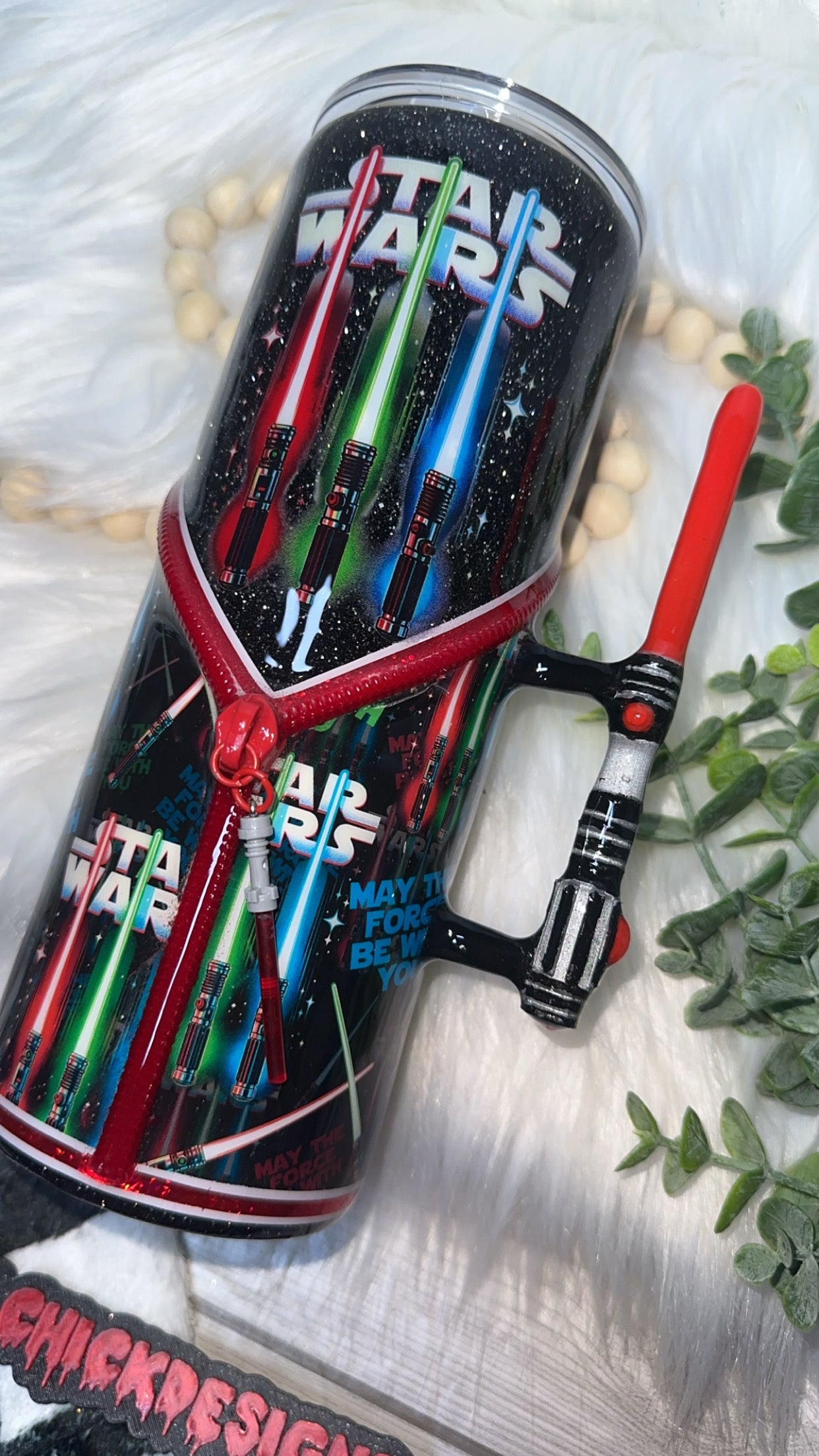 RTS {May The Force Be With You, Zipper & Charm, Red Glow Light Saber Handle} 24oz Skinny