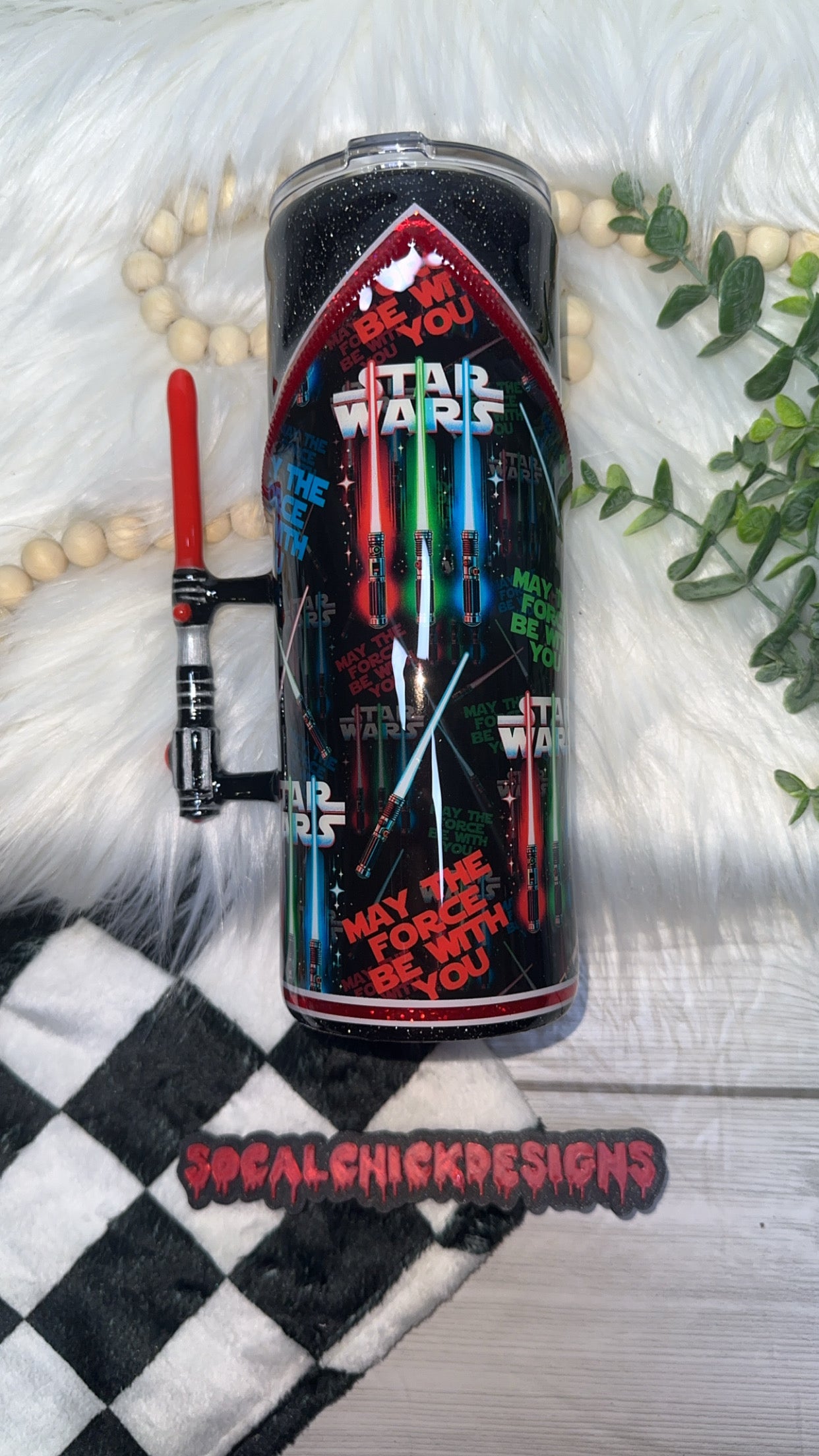 RTS {May The Force Be With You, Zipper & Charm, Red Glow Light Saber Handle} 24oz Skinny