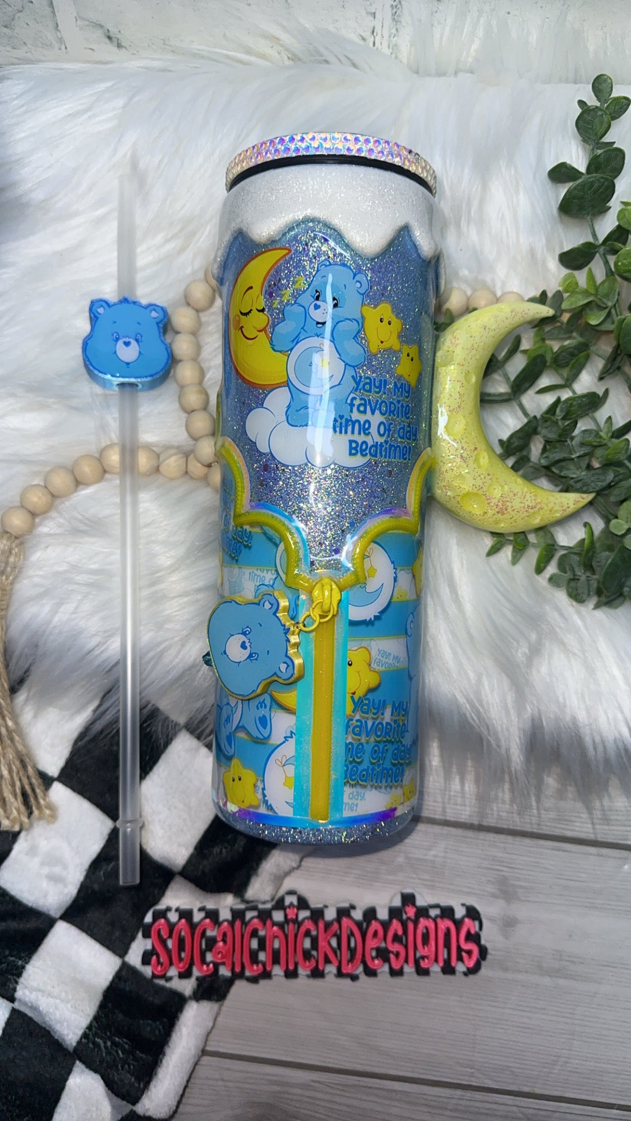 MTO {Bedtime Bear Zipper Tumbler with Charm, Moon Handle & Bling Lid} Select Your Tumbler Style
