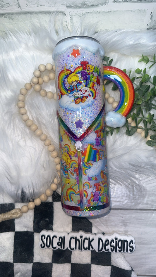 RTS {Try Me B* with Rainbow Handle, Cloud Drip, 3D Stars & Snow Globe Bottom} 32oz Skinny
