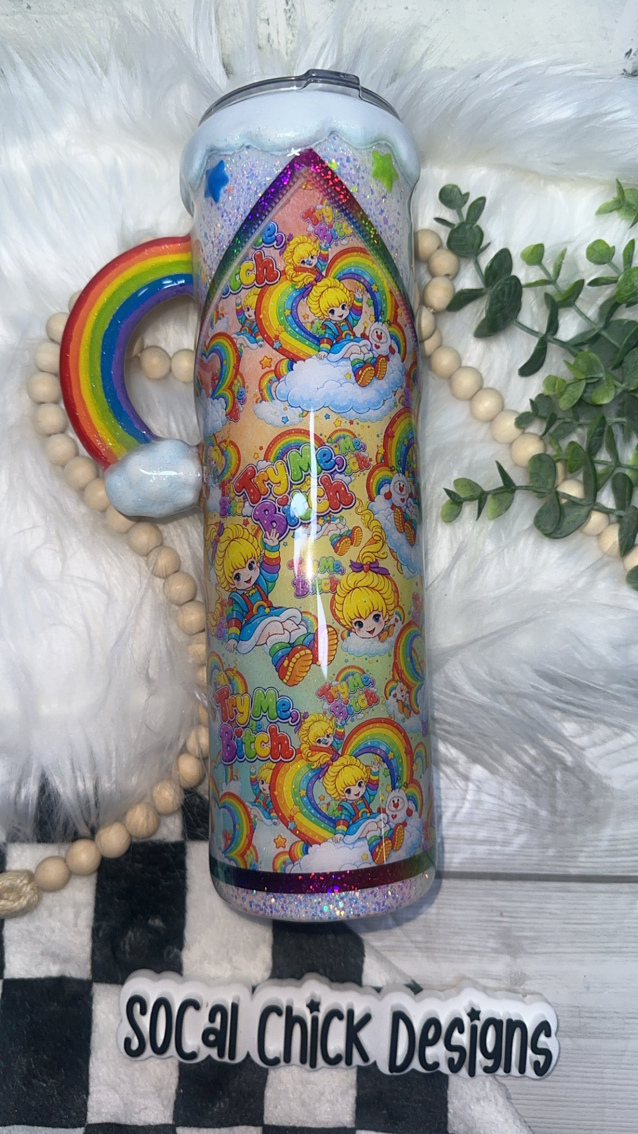 RTS {Try Me B* with Rainbow Handle, Cloud Drip, 3D Stars & Snow Globe Bottom} 32oz Skinny