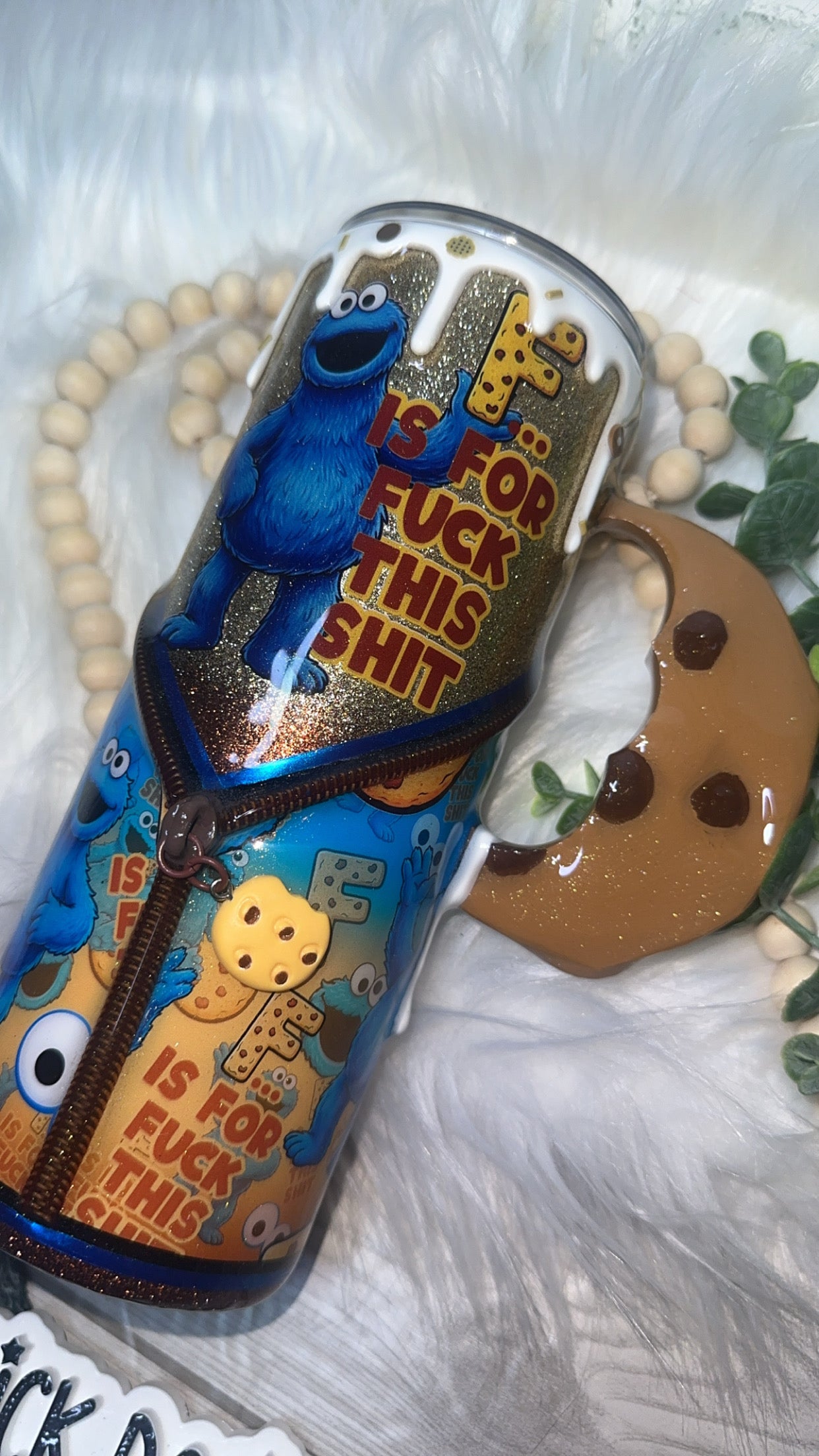 RTS {'F is For…' with Zipper, Charm, Cookie Handle, SnowGlobe Bottom & Drip} 24oz Skinny