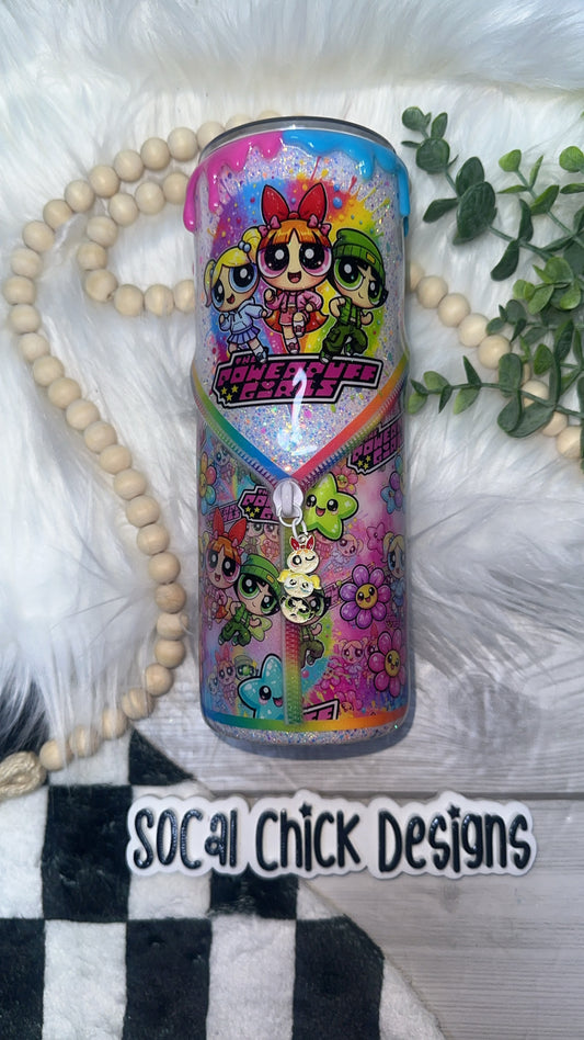RTS {Power Puff Girls with Zipper, Charm, SnowGlobe Bottom & Tri Color Drip} 24oz Skinny