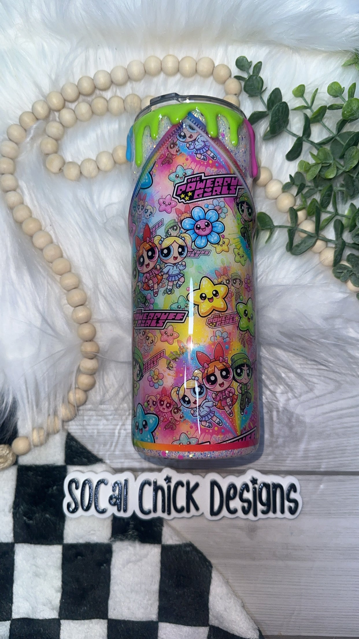 RTS {Power Puff Girls with Zipper, Charm, SnowGlobe Bottom & Tri Color Drip} 24oz Skinny