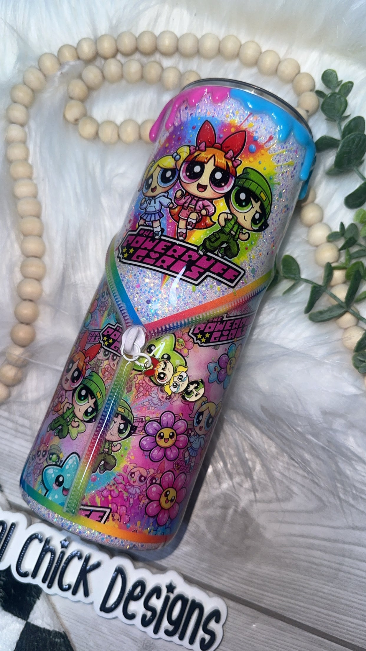 RTS {Power Puff Girls with Zipper, Charm, SnowGlobe Bottom & Tri Color Drip} 24oz Skinny