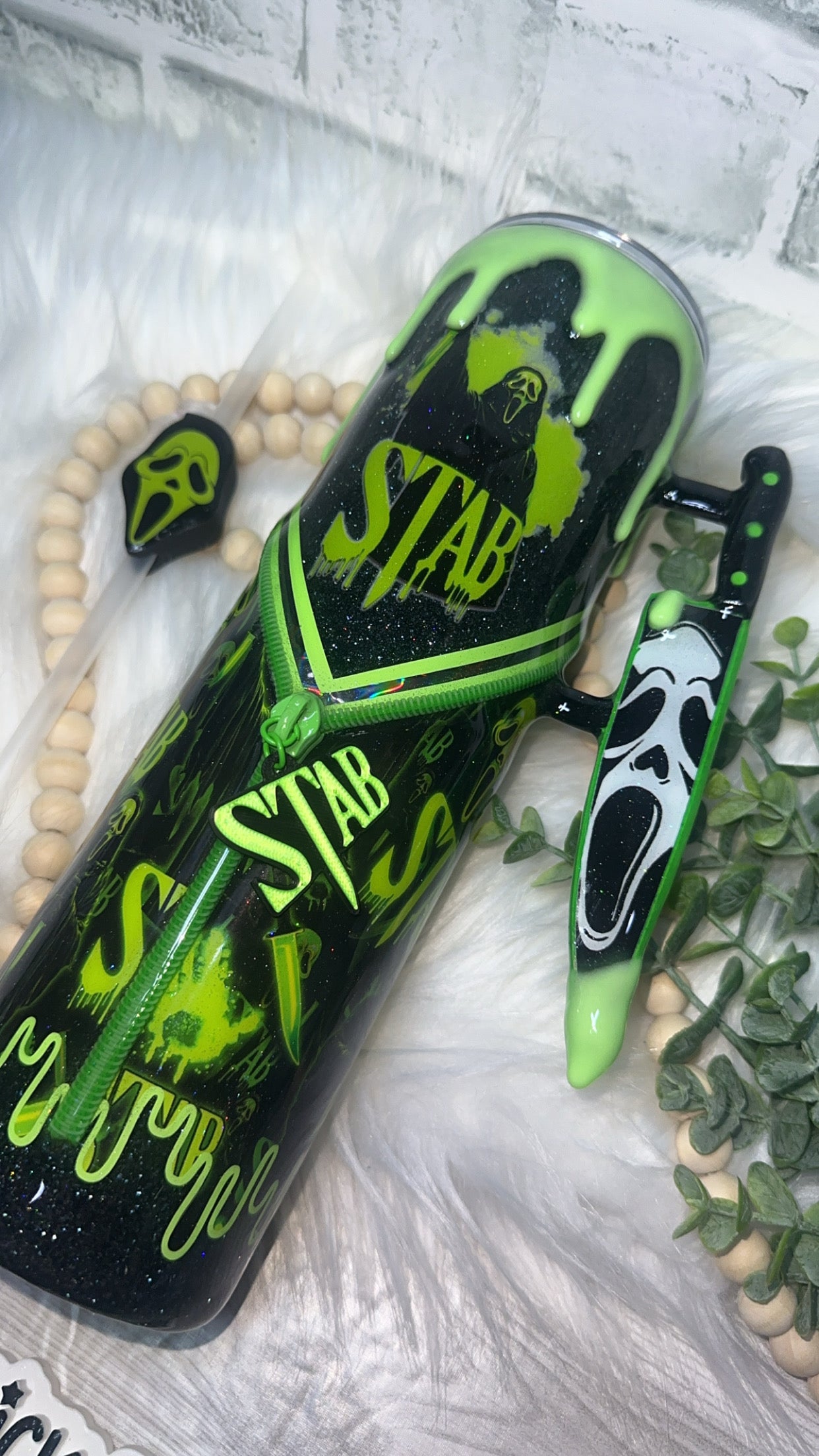 RTS {S T A B, Zipper & Charm, Knife Handle, GLOW Drip & SnowGlobe Bottom} 32oz Skinny