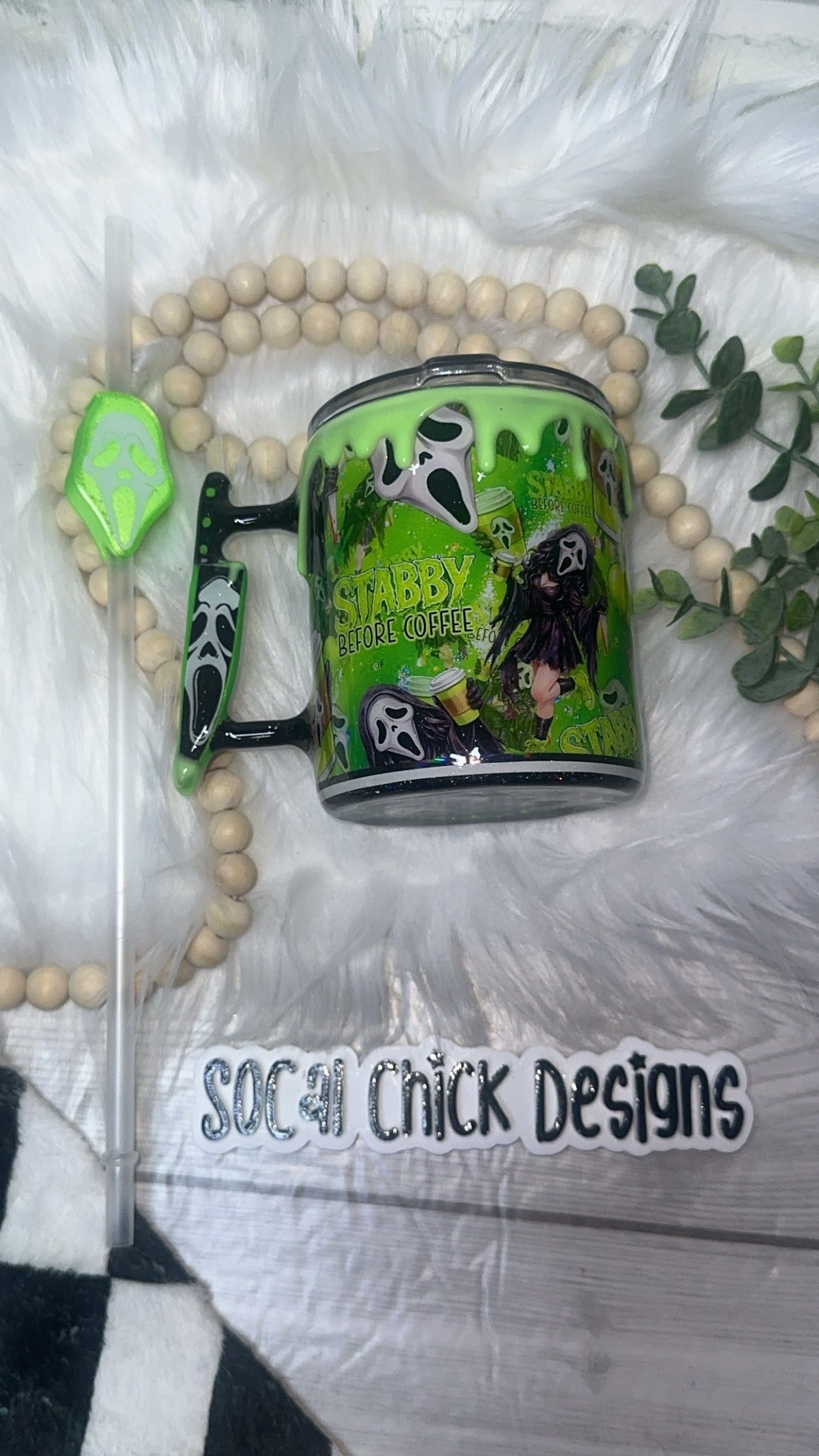 RTS {Stabby Before Coffee w Mini Knife Handle, Glow Drip & SnowGlobe Bottom} 12oz Mug