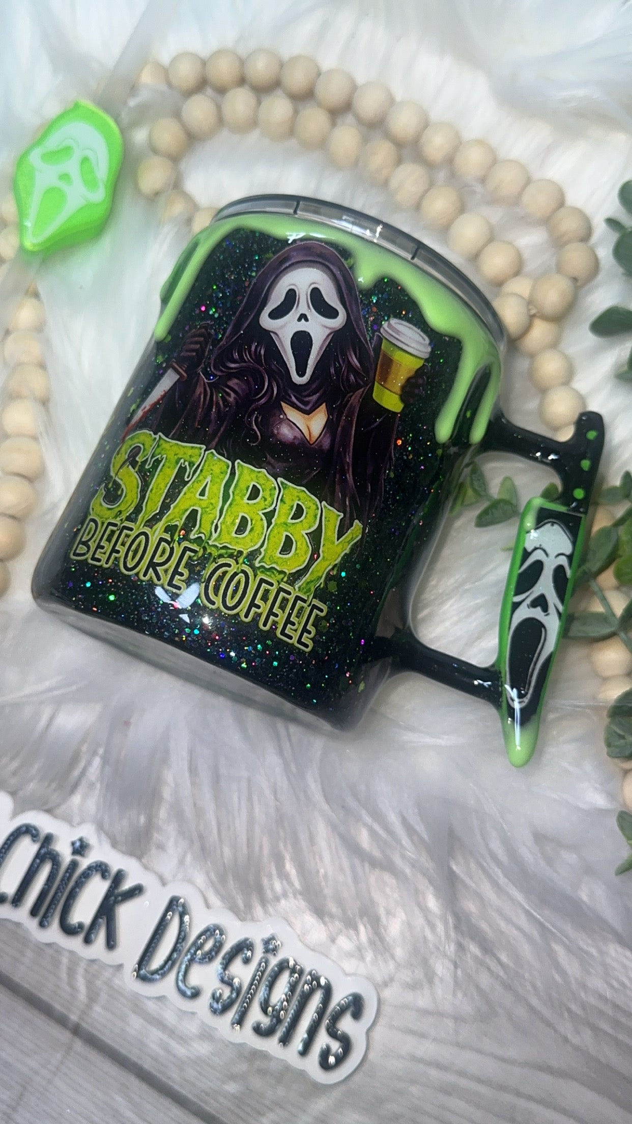 RTS {Stabby Before Coffee w Mini Knife Handle, Glow Drip & SnowGlobe Bottom} 12oz Mug
