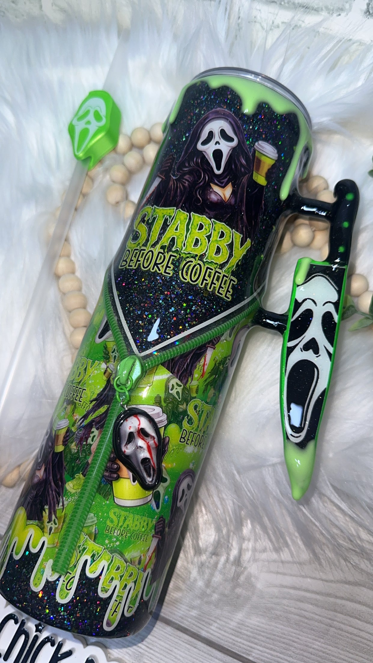 RTS {Stabby Before Coffee, Zipper & Charm, Knife Handle, GLOW Drip & SnowGlobe Bottom} 32oz Skinny