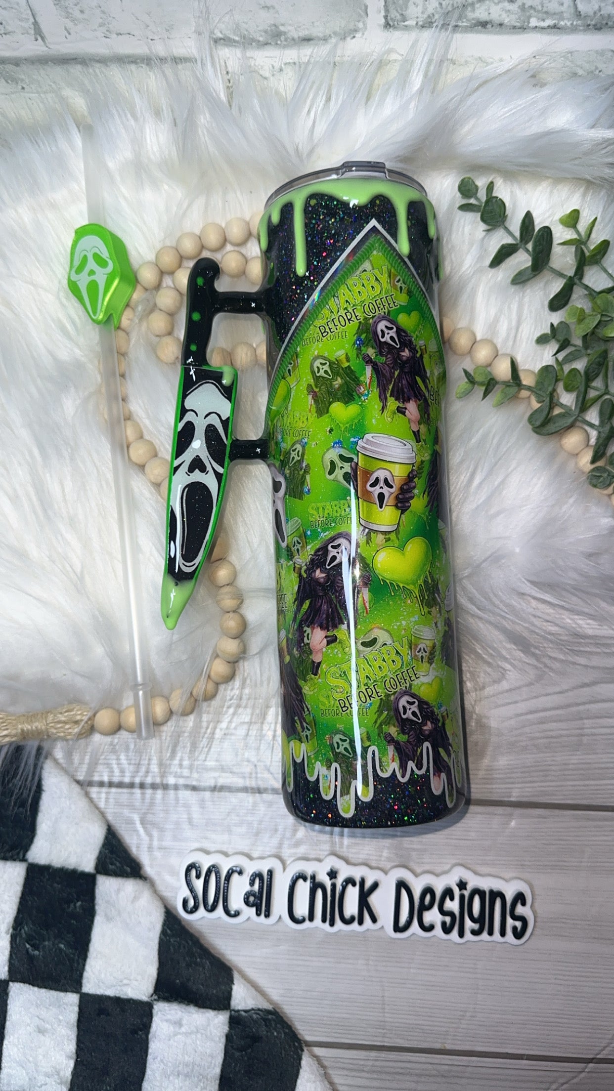 RTS {Stabby Before Coffee, Zipper & Charm, Knife Handle, GLOW Drip & SnowGlobe Bottom} 32oz Skinny