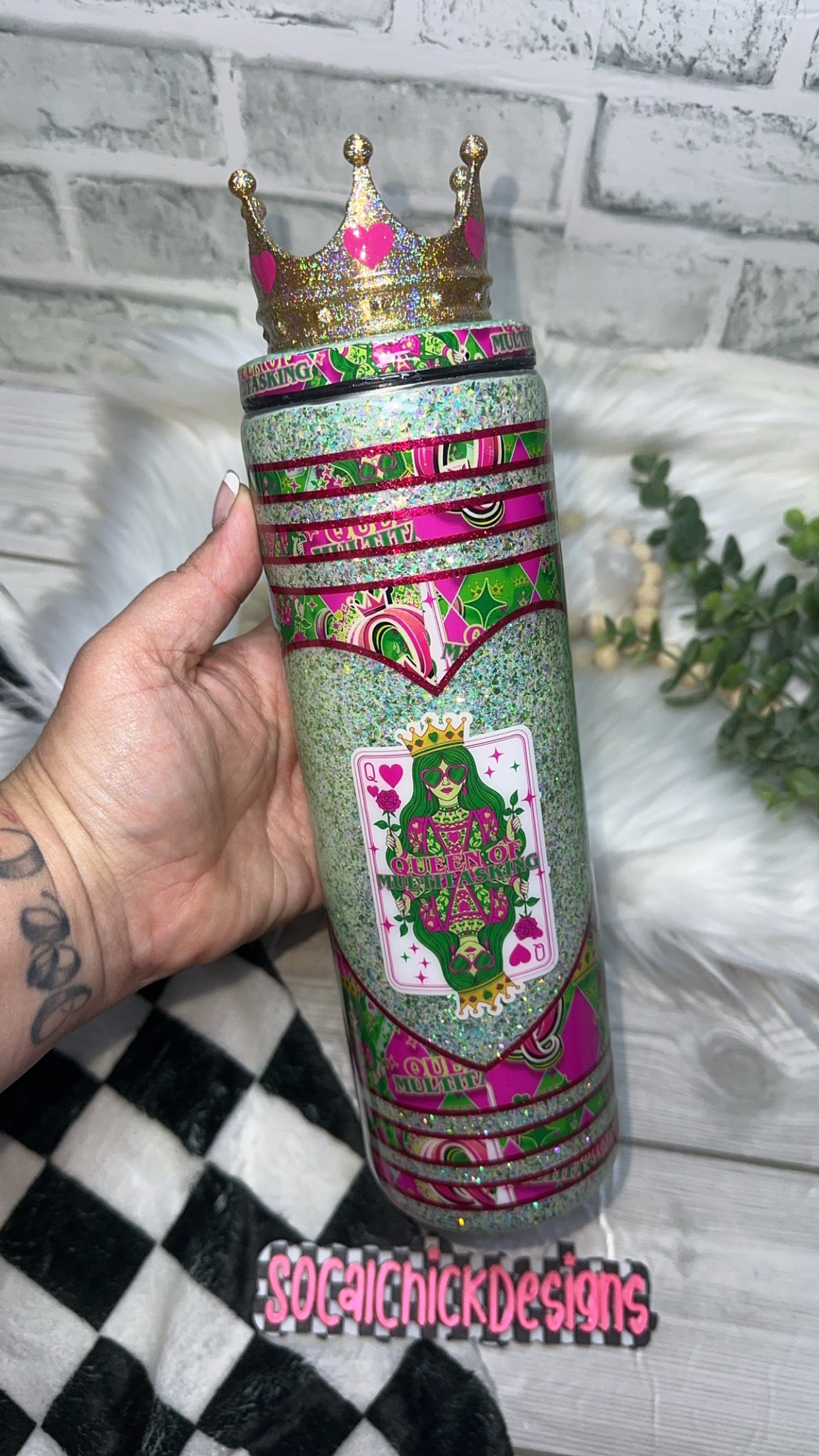 RTS {Queen Of Multitasking with Crown Topper} 30oz Skinny Slurp