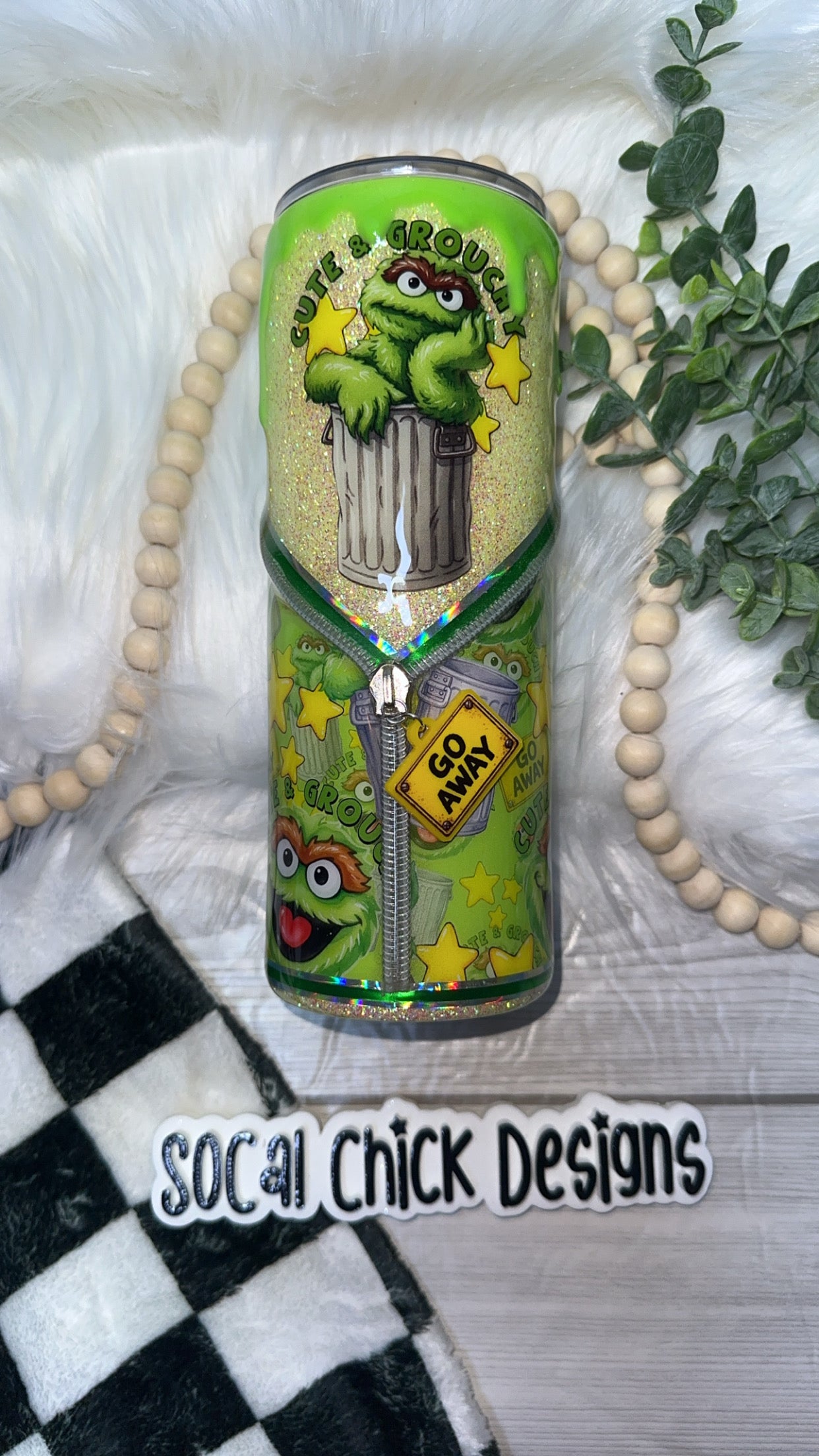 RTS {Cute & Grouchy with Zipper & Charm, Drip & SnowGlobe Bottom} 24oz Skinny