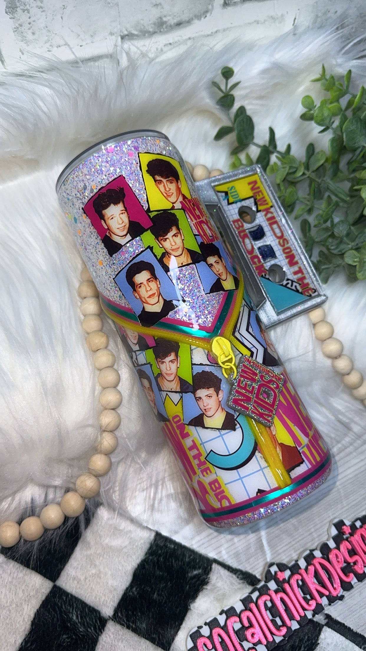 RTS {NKOTB with Zipper & Charm, Cassette Tape Handle & SnowGlobe Bottom} 24oz Skinny