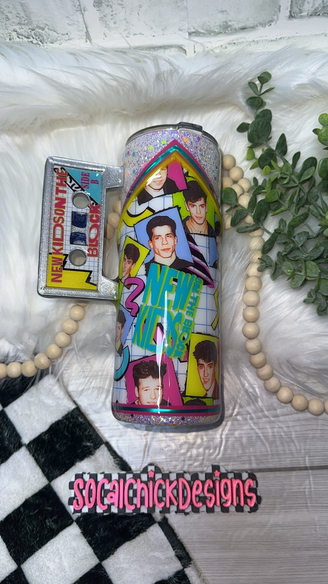 RTS {NKOTB with Zipper & Charm, Cassette Tape Handle & SnowGlobe Bottom} 24oz Skinny