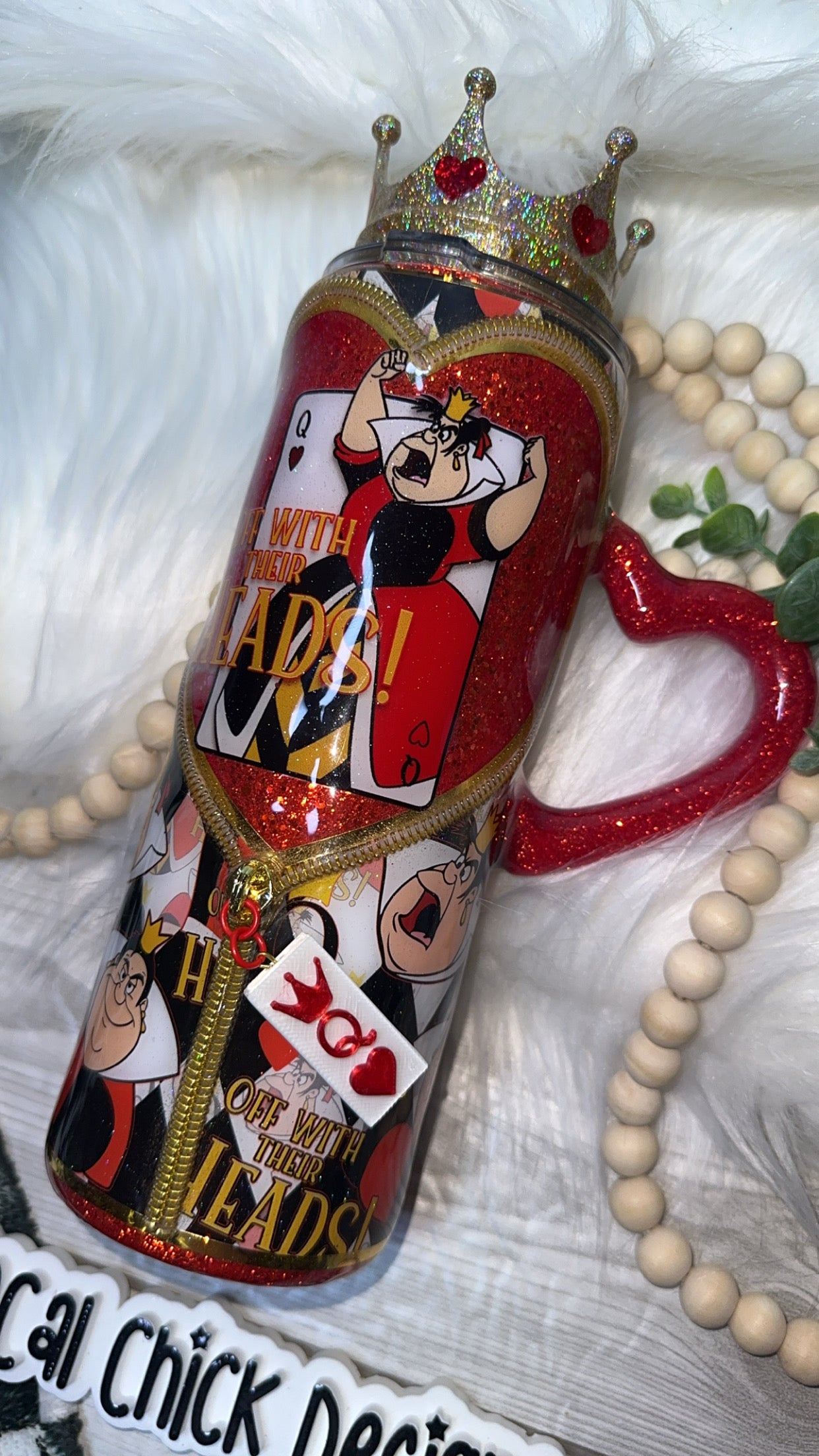 RTS Queen Of Hearts w Zipper & Charm, Heart Handle, SnowGlobe Bottom & Crown Topper} 24oz Skinny Slurp