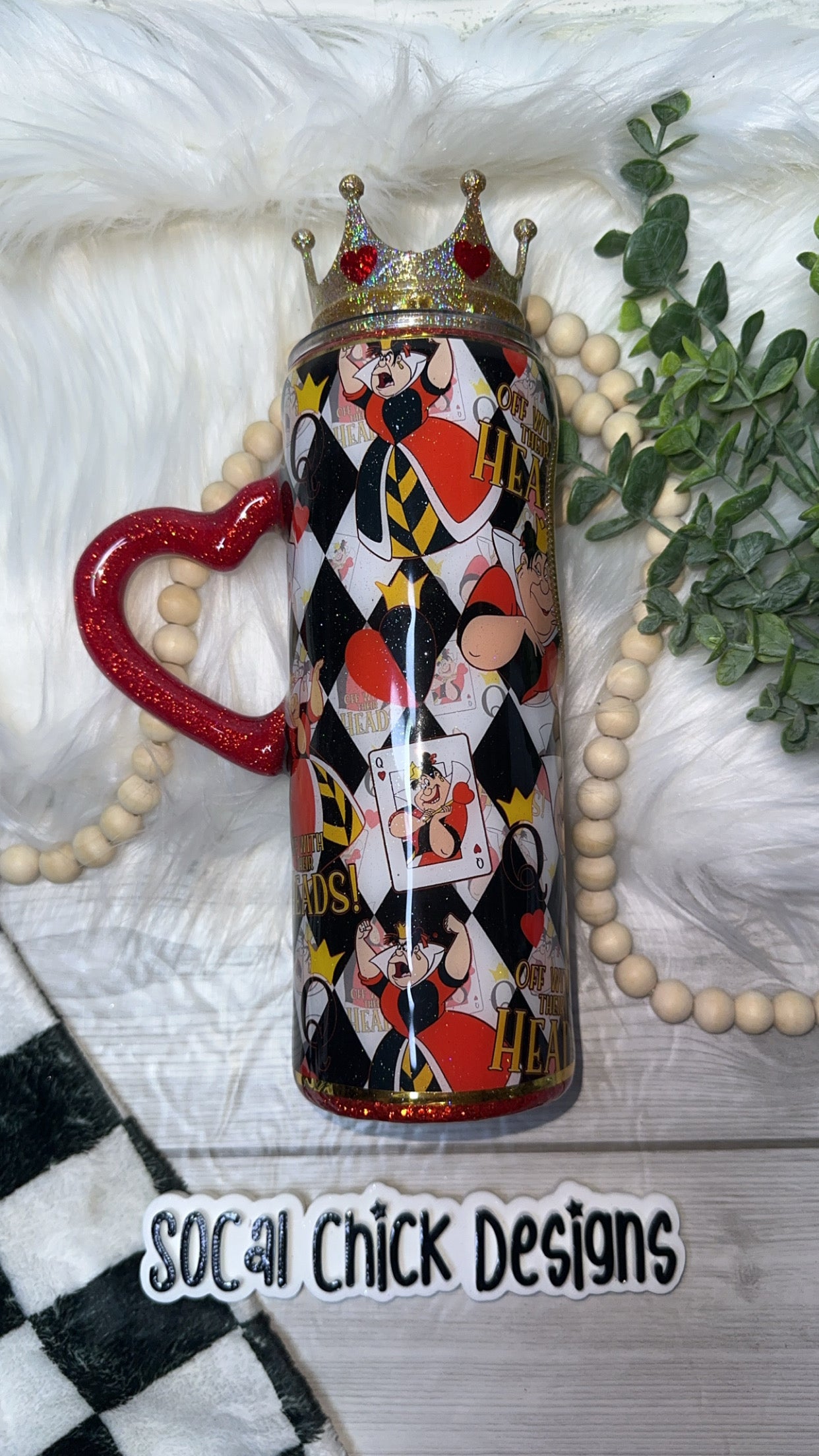 RTS Queen Of Hearts w Zipper & Charm, Heart Handle, SnowGlobe Bottom & Crown Topper} 24oz Skinny Slurp