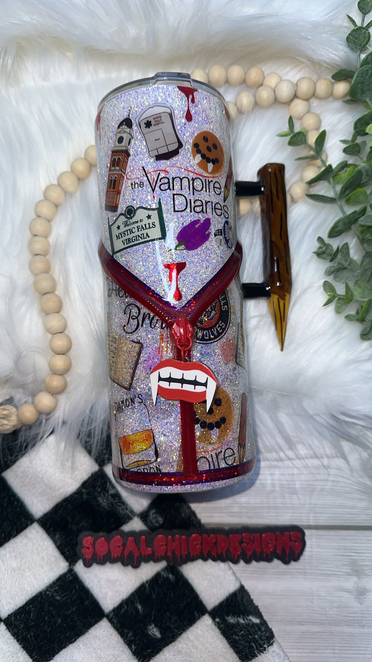 MTO {Mystic Falls Glitter Tumbler, Zipper & Charm, Stake Handle & SnowGlobe Bottom} Select Your Tumbler Style